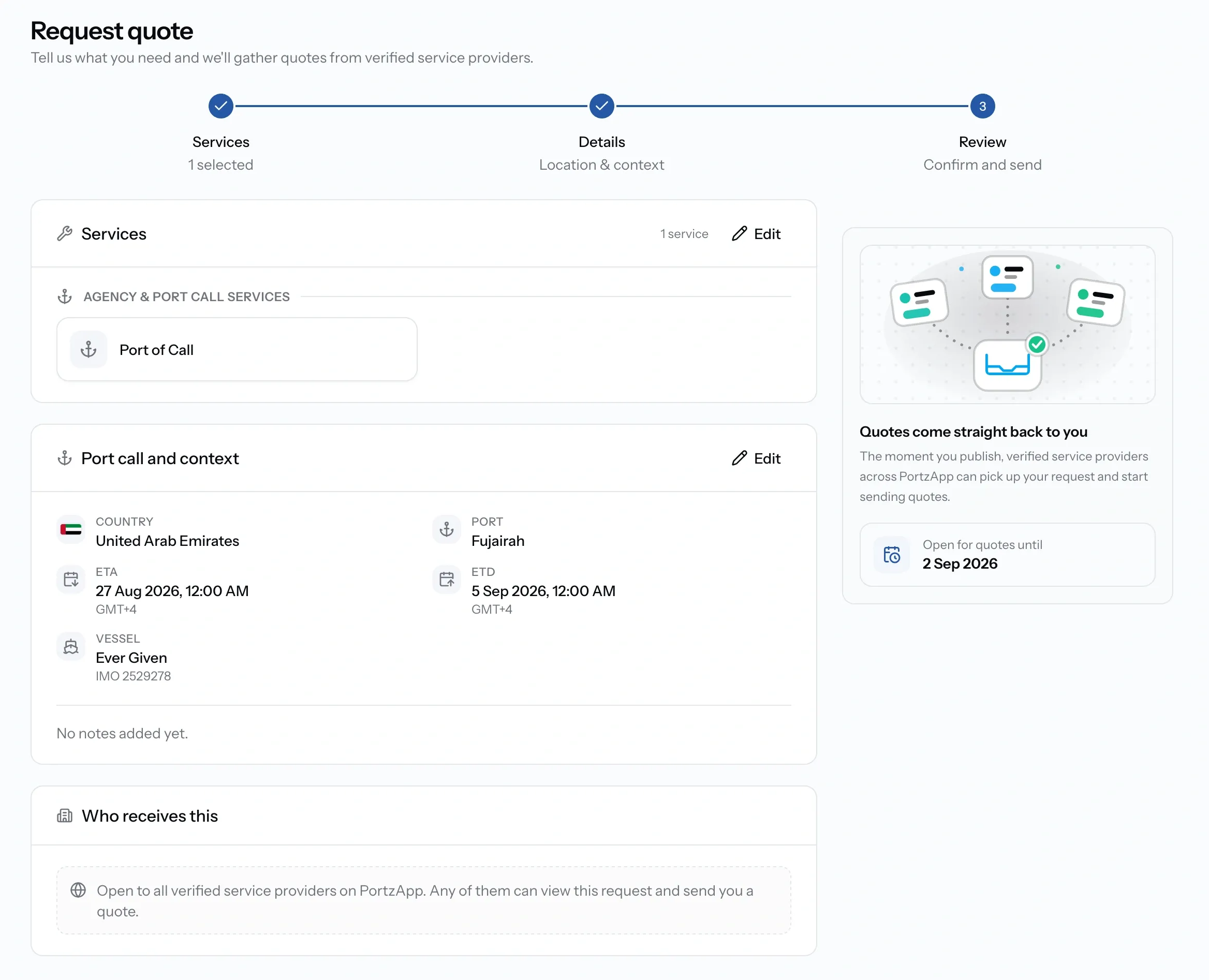 PortzApp Request quote Review step showing the three-step progress, selected services, port call and context with ETA and ETD, and the panel showing when the request closes for quotes