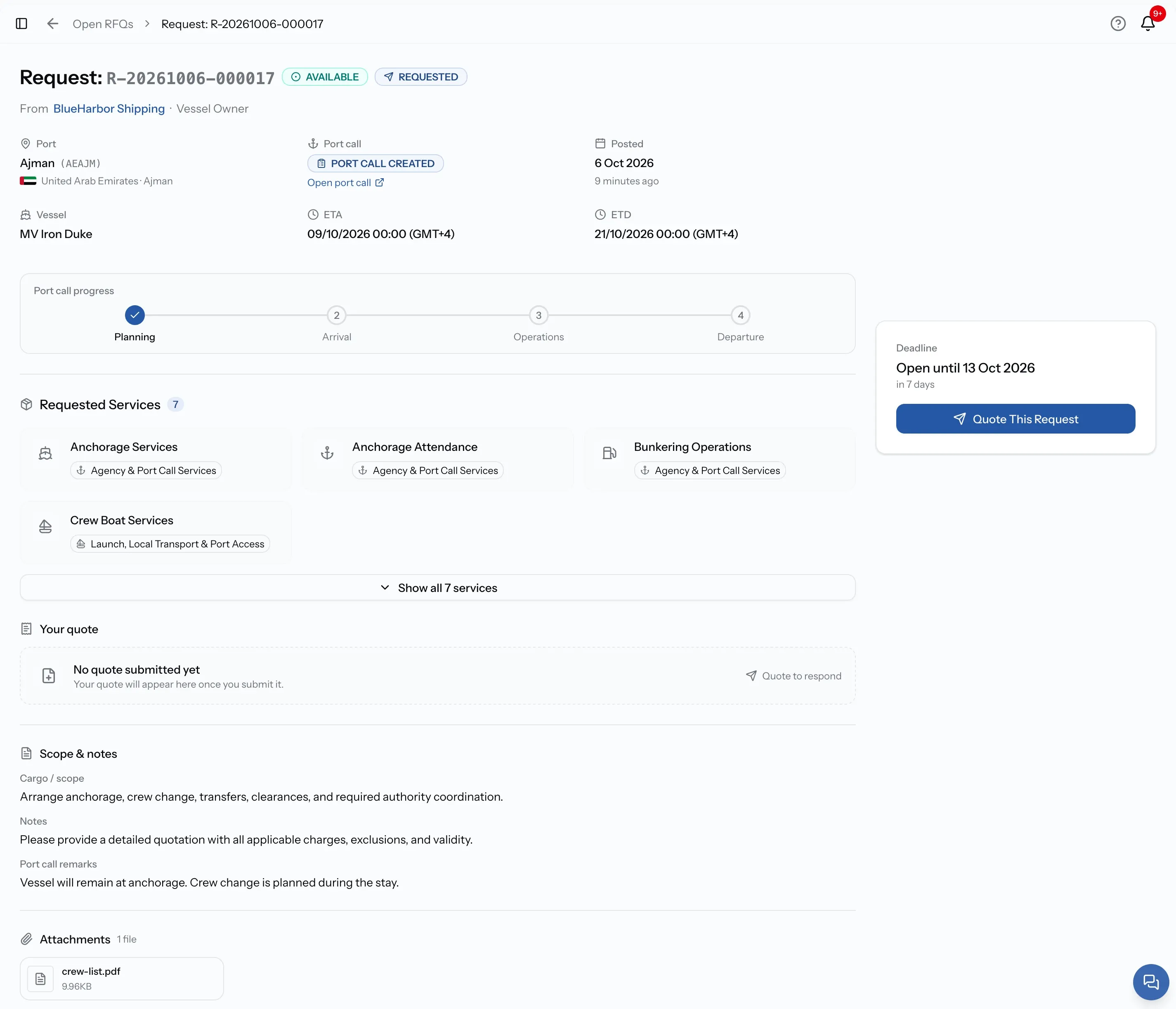 An open RFQ page with the Available badge, the From line linking to the buyer's profile, the facts grid, the services list, and the Deadline card with the Quote This Request button.
