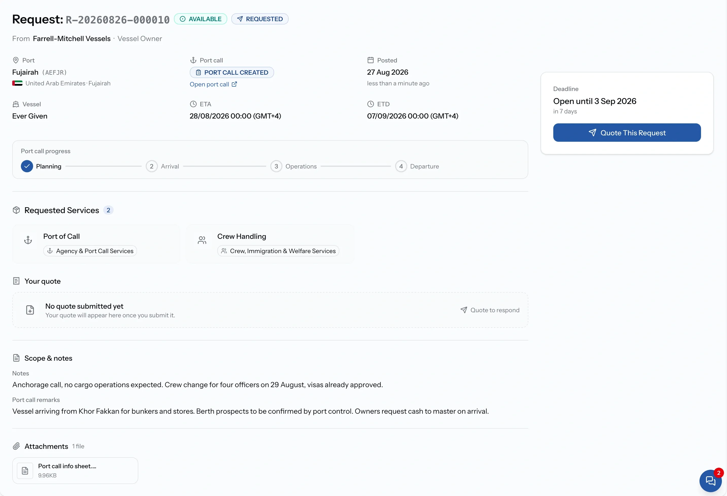 PortzApp open RFQ showing the request details, services, port and schedule, with the action to opt in