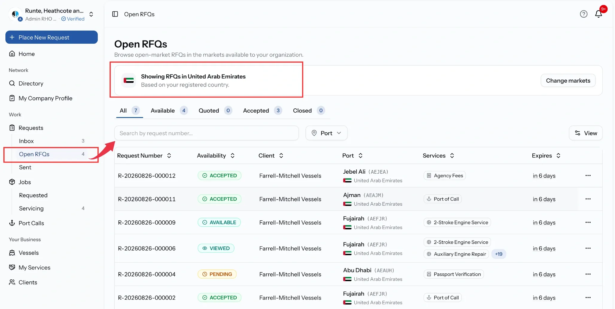 PortzApp Open RFQs list showing the market coverage banner, status tabs, and open requests with their port, services, and expiry