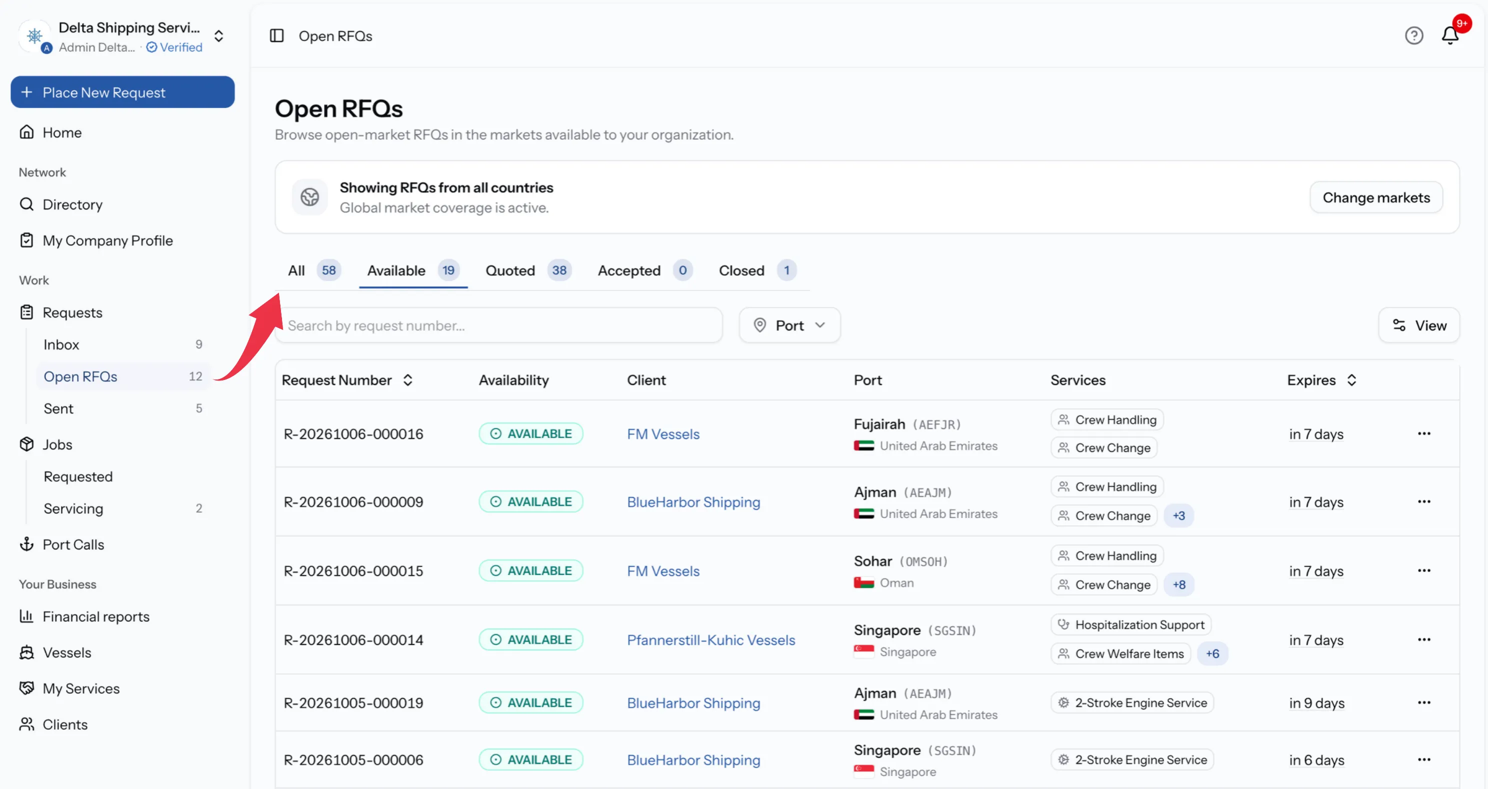 The Open RFQs page with the market card at the top, the tabs with Available active, and four or five rows.