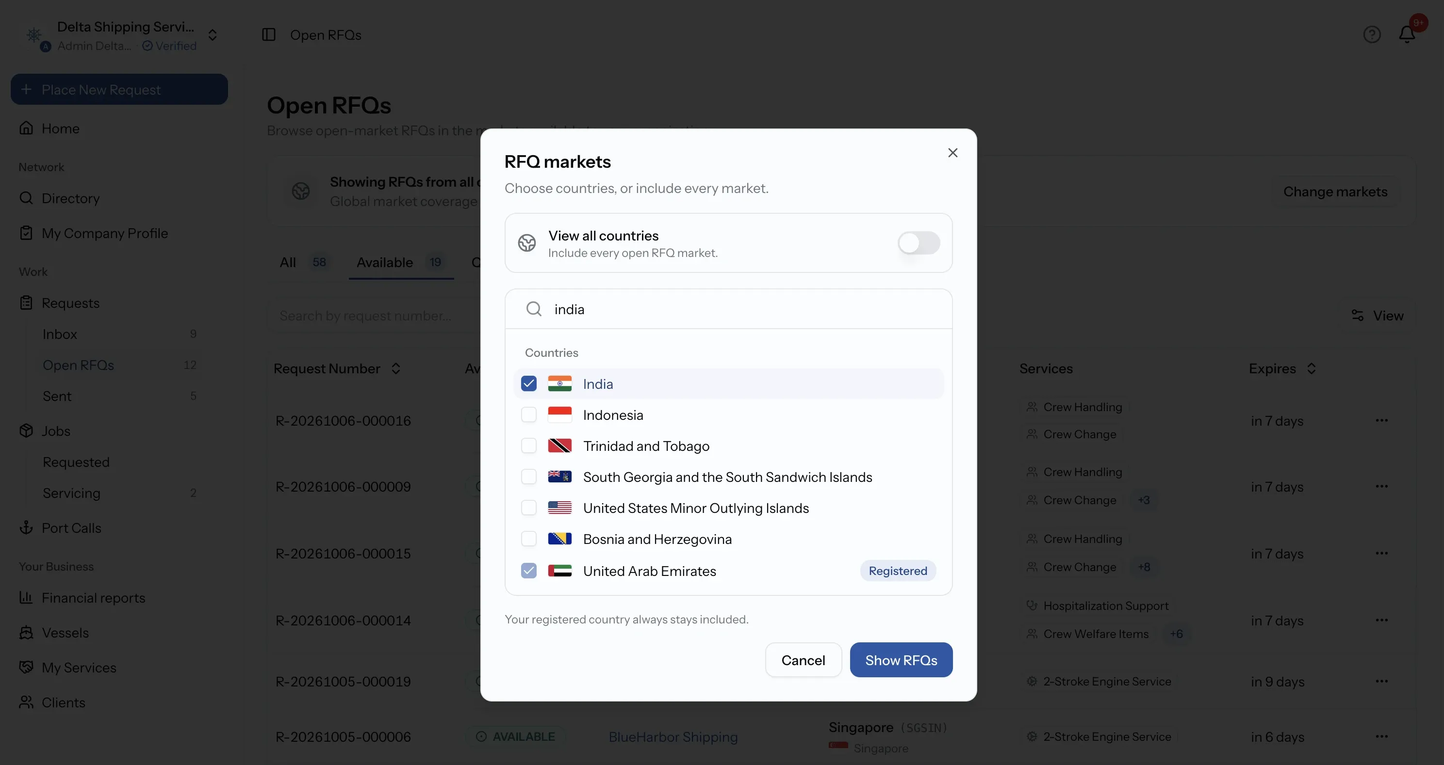 The RFQ markets dialog with the registered country marked Registered, two more countries ticked, the option to include every market, and the Show RFQs button.