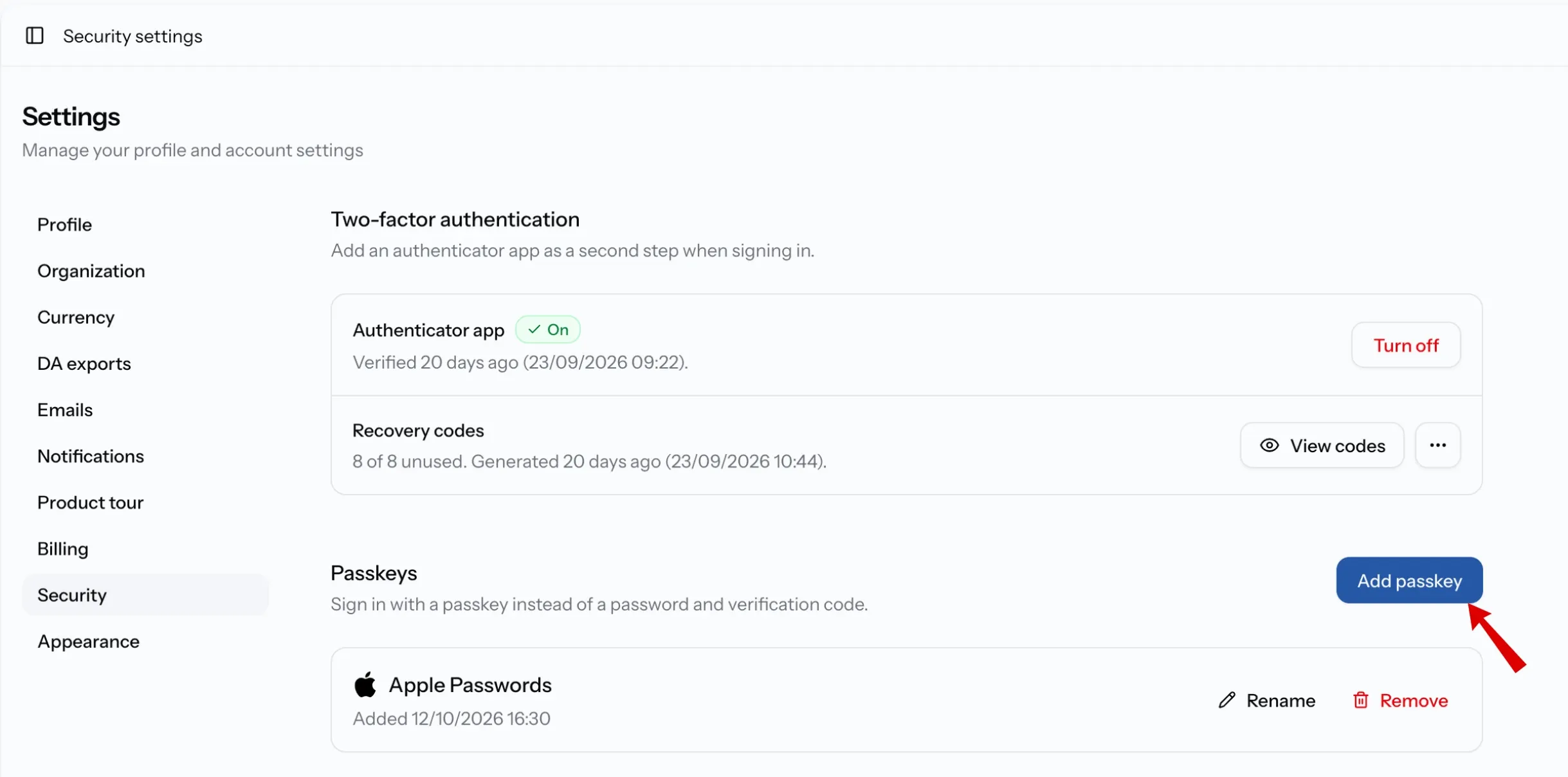 Passkeys section with a saved passkey and Add passkey
