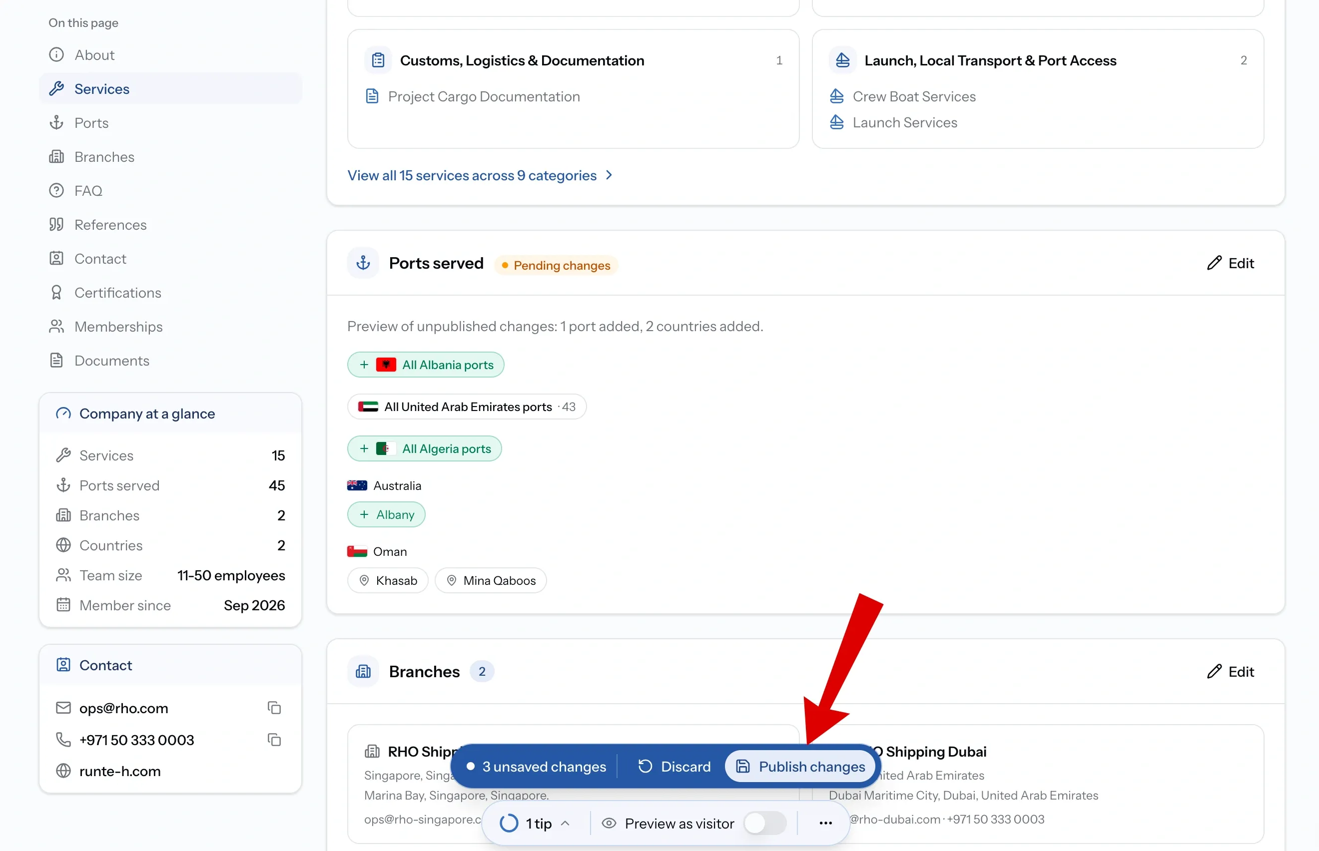 Profile showing pending changes waiting to be published, with the option to publish them