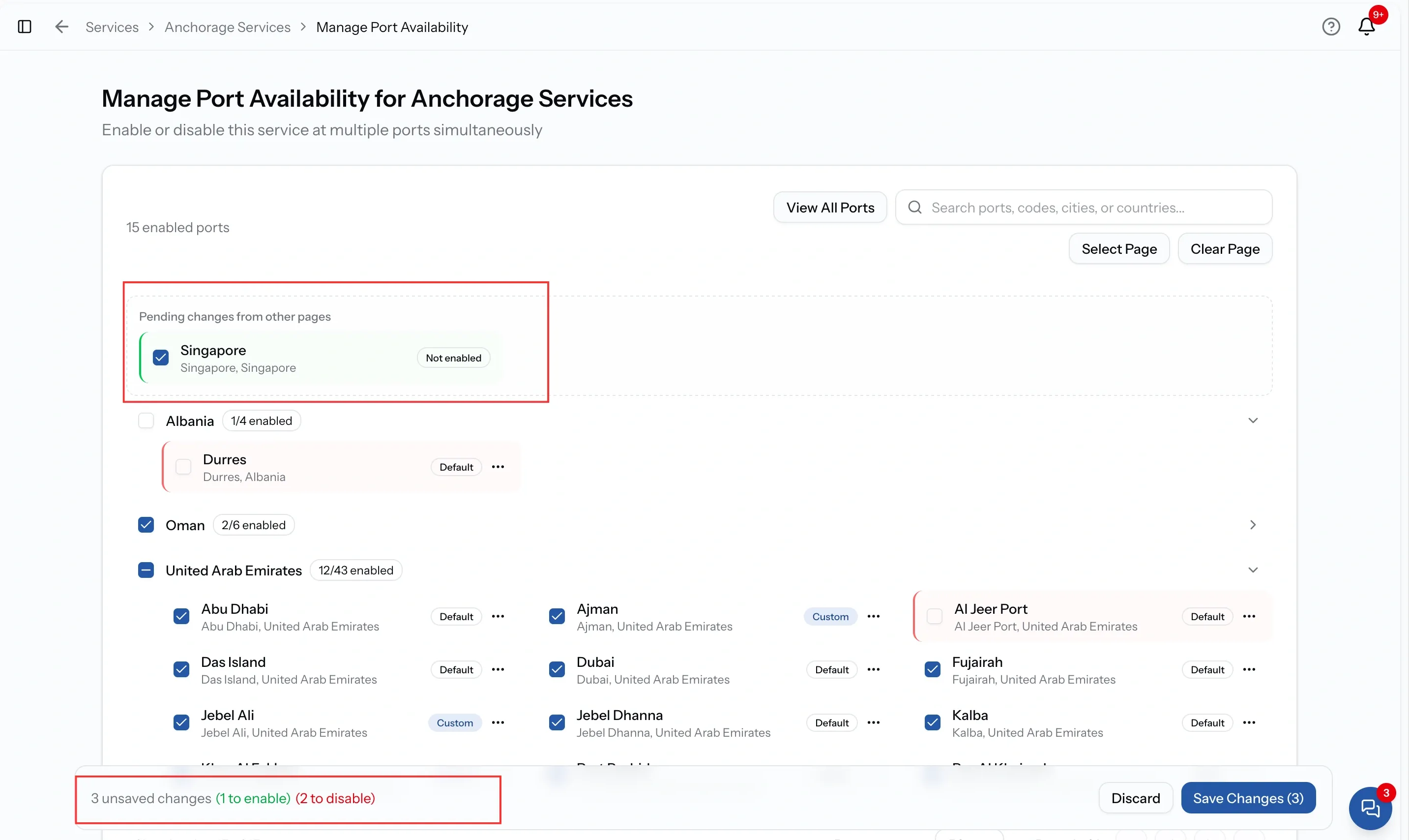 The pending changes panel on Manage Port Availability, listing ports queued to be enabled and disabled before saving