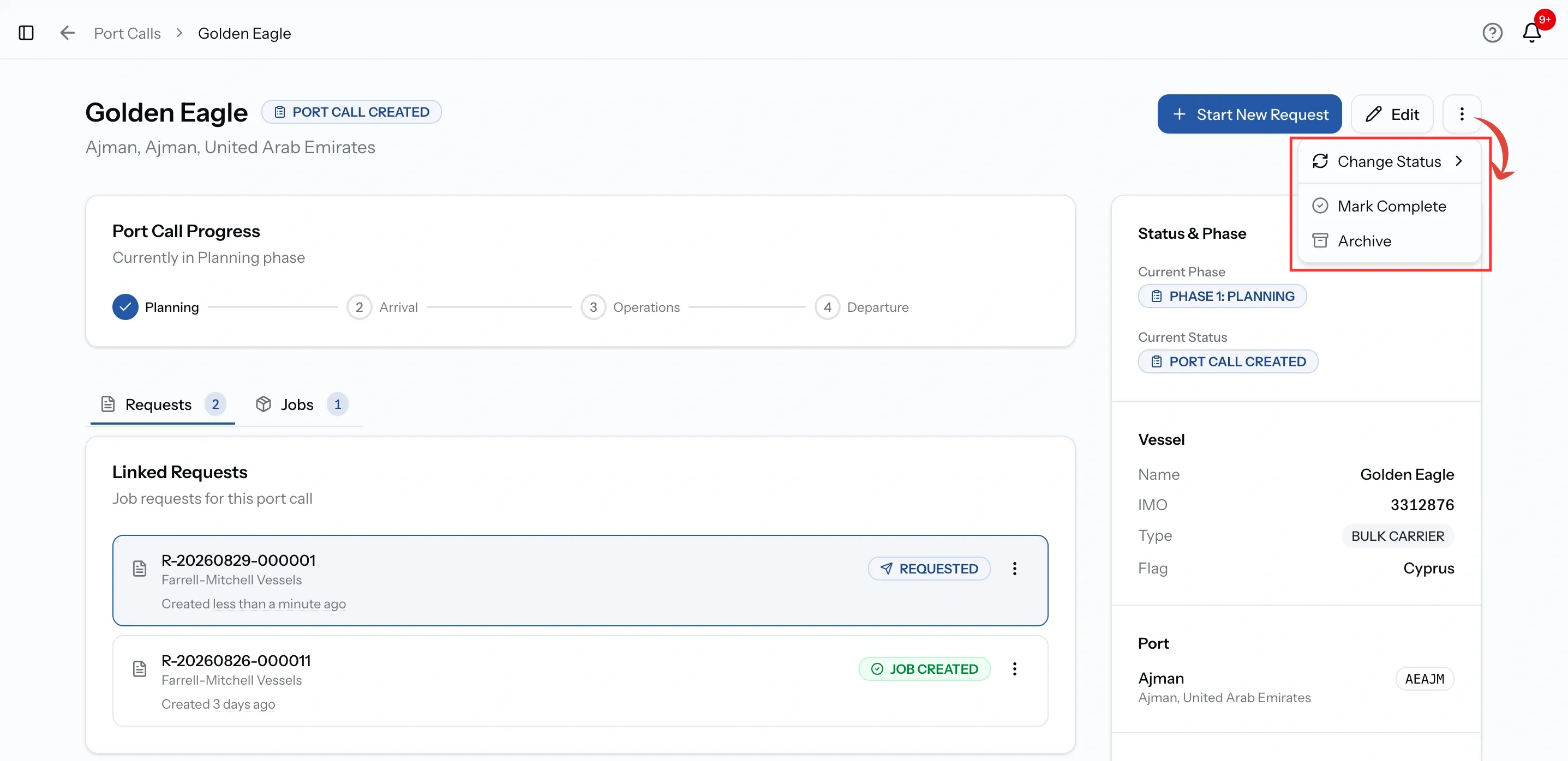 PortzApp port call actions menu showing change status, mark complete and archive