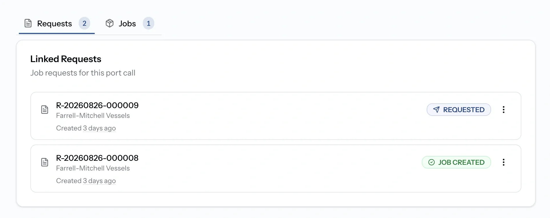 PortzApp port call linked items showing requests and jobs tabs with counts, and request rows with their status badges
