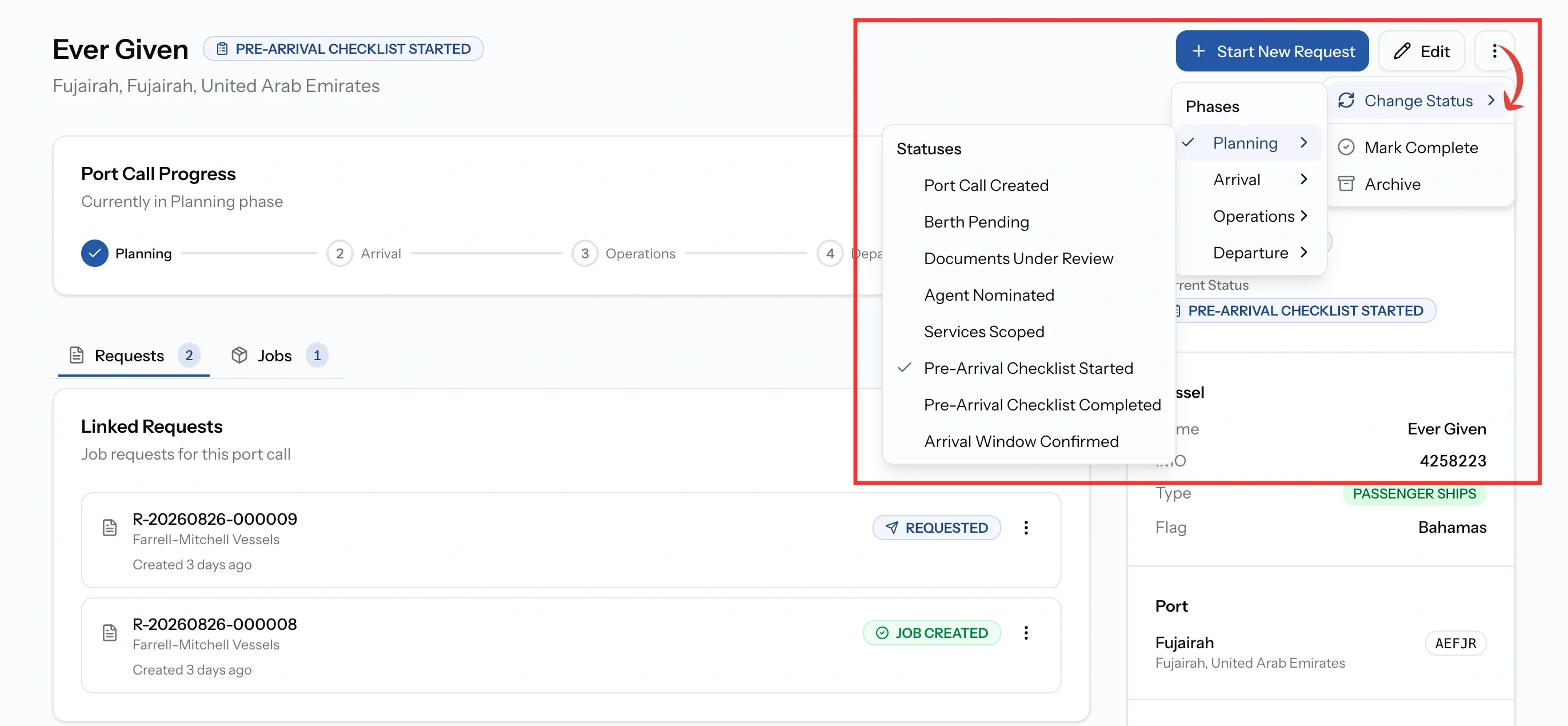 PortzApp change status menu showing port call statuses grouped under planning, arrival, operations and departure