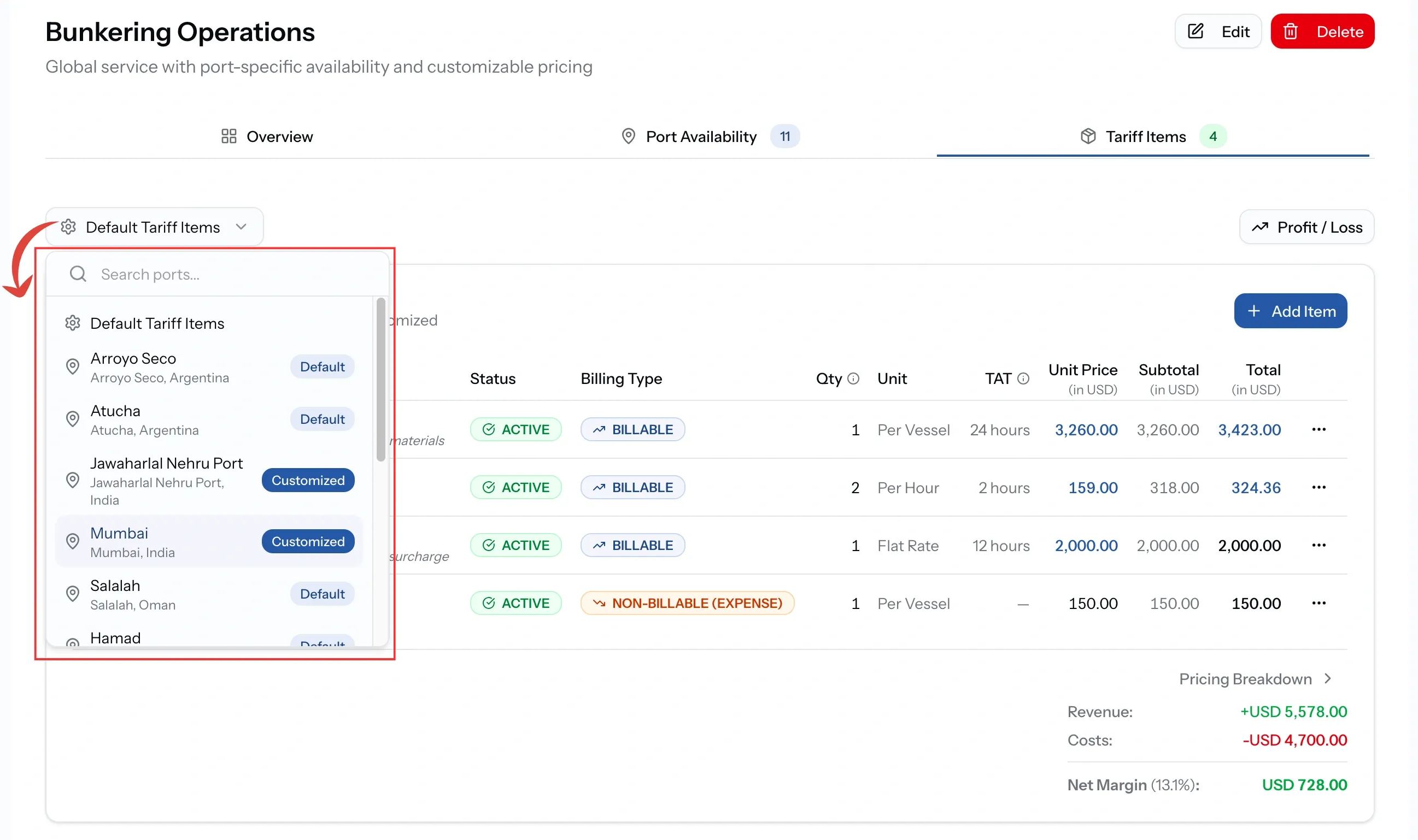 PortzApp tariff items port selector showing the default option alongside the ports a service is enabled at