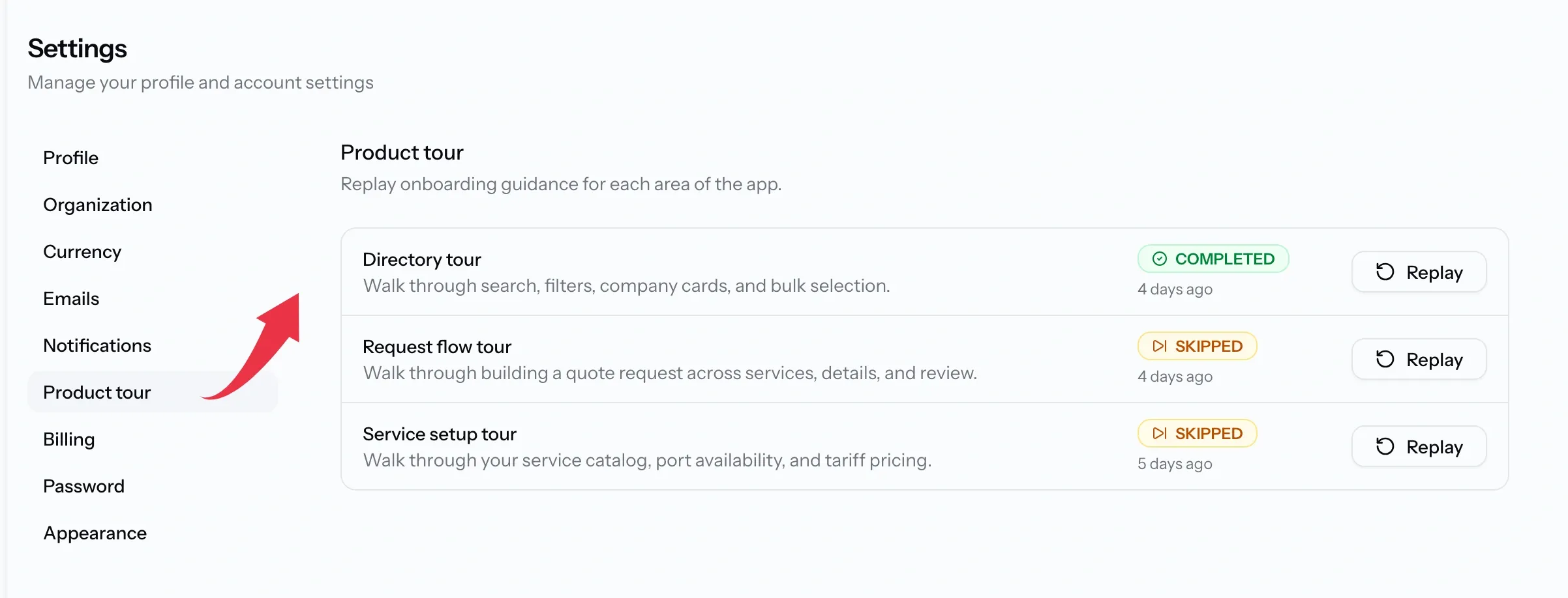PortzApp product tour settings showing the directory, request flow and service setup tours with completed, not taken and skipped statuses