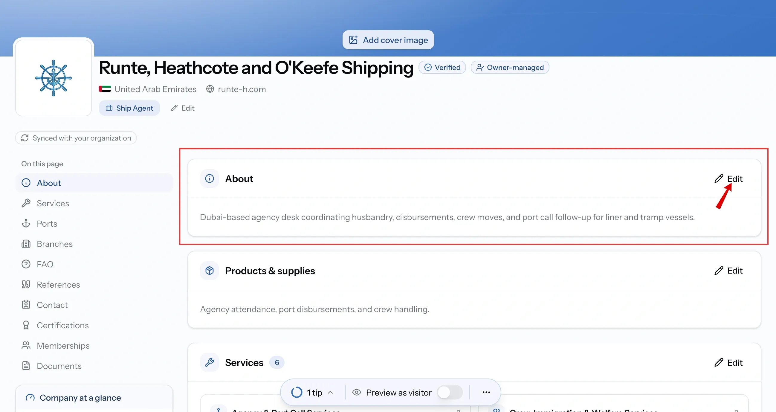 About section of a company profile showing the company description