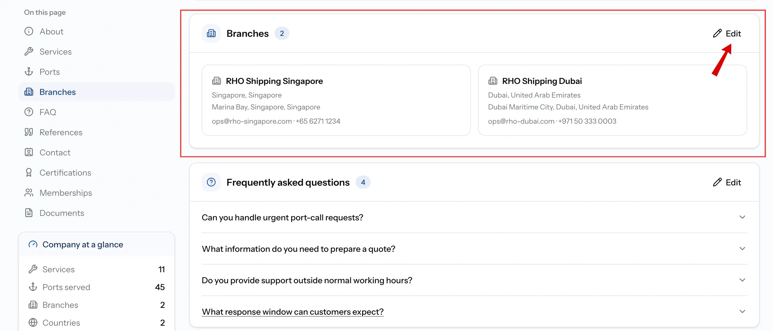 Branches section showing offices with their city, country, phone and email