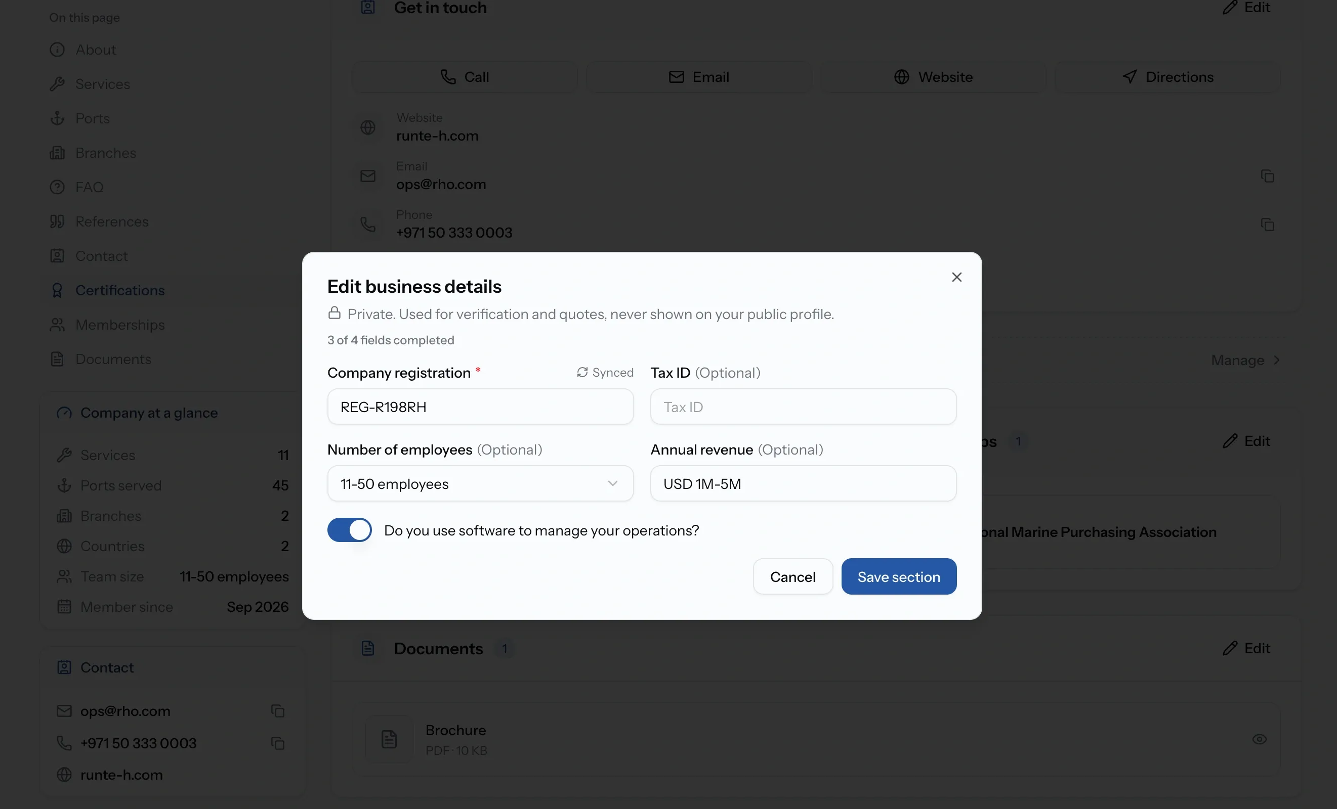Business details showing company registration, products and supplies, tax ID, number of employees and annual revenue