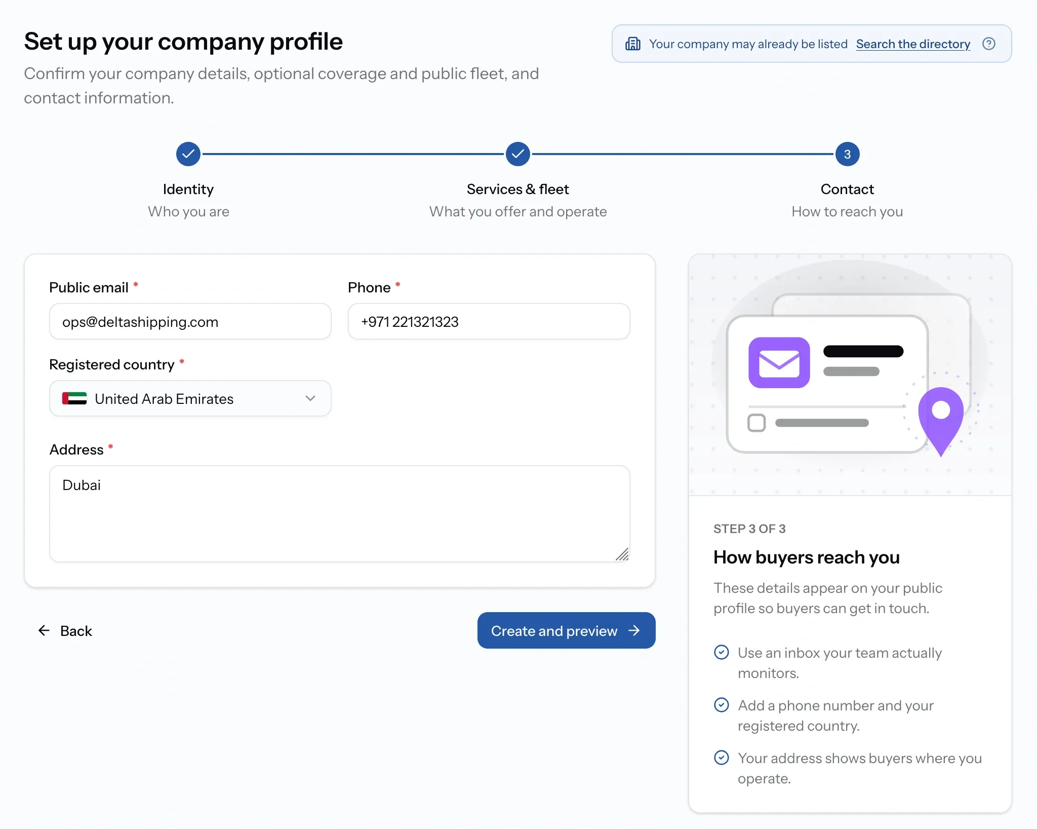 Step three showing public email, phone, registered country and address fields