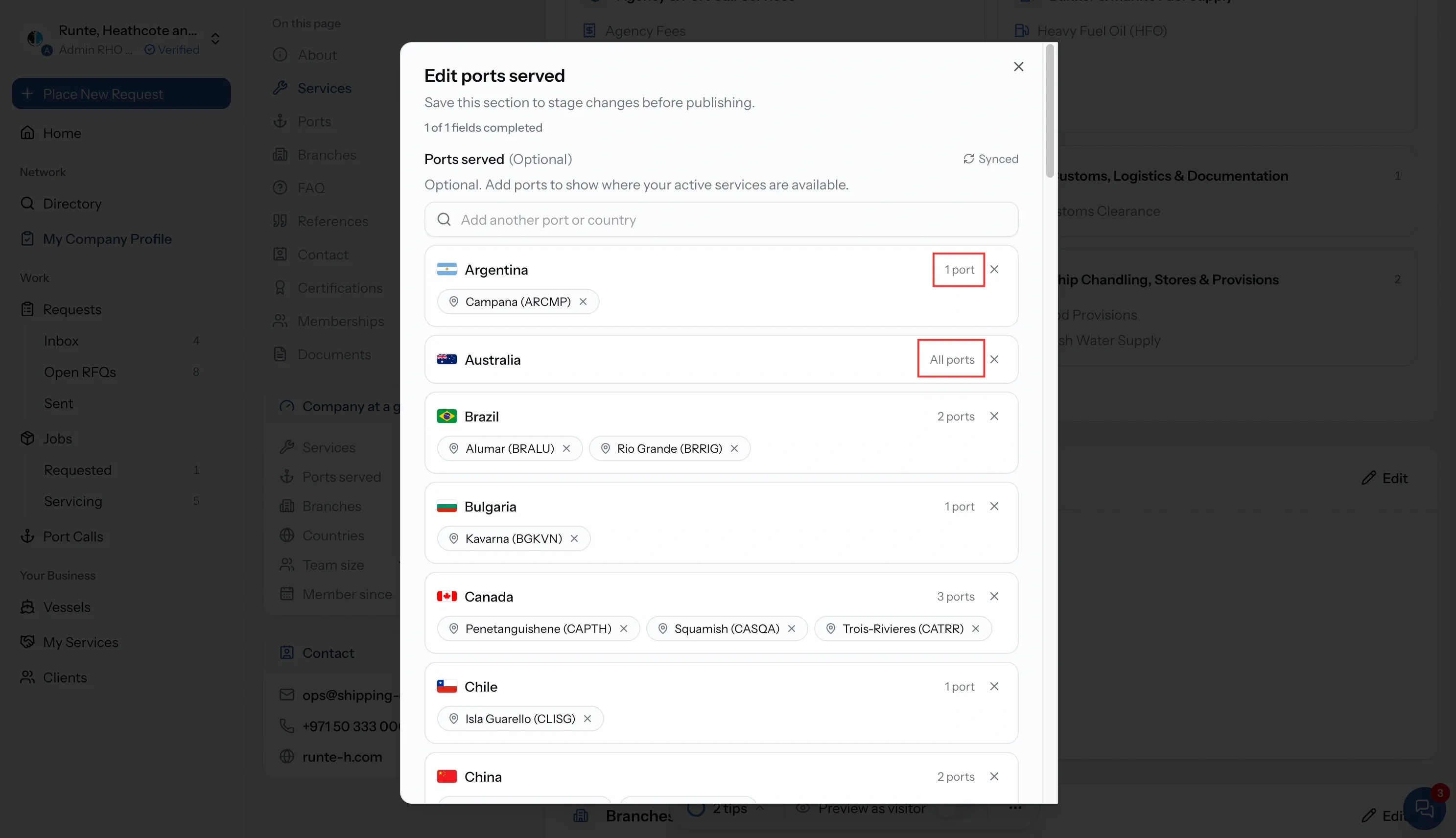 PortzApp edit ports served dialog on the company profile showing countries selected alongside individually chosen ports