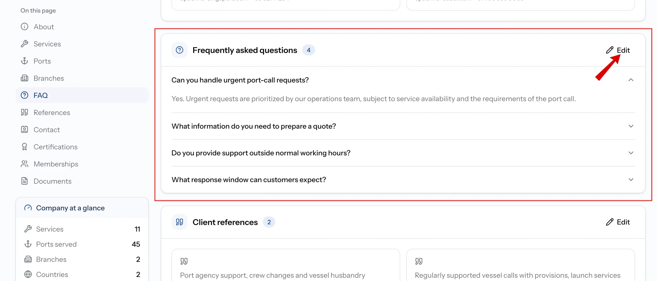 FAQ section showing questions and answers in order