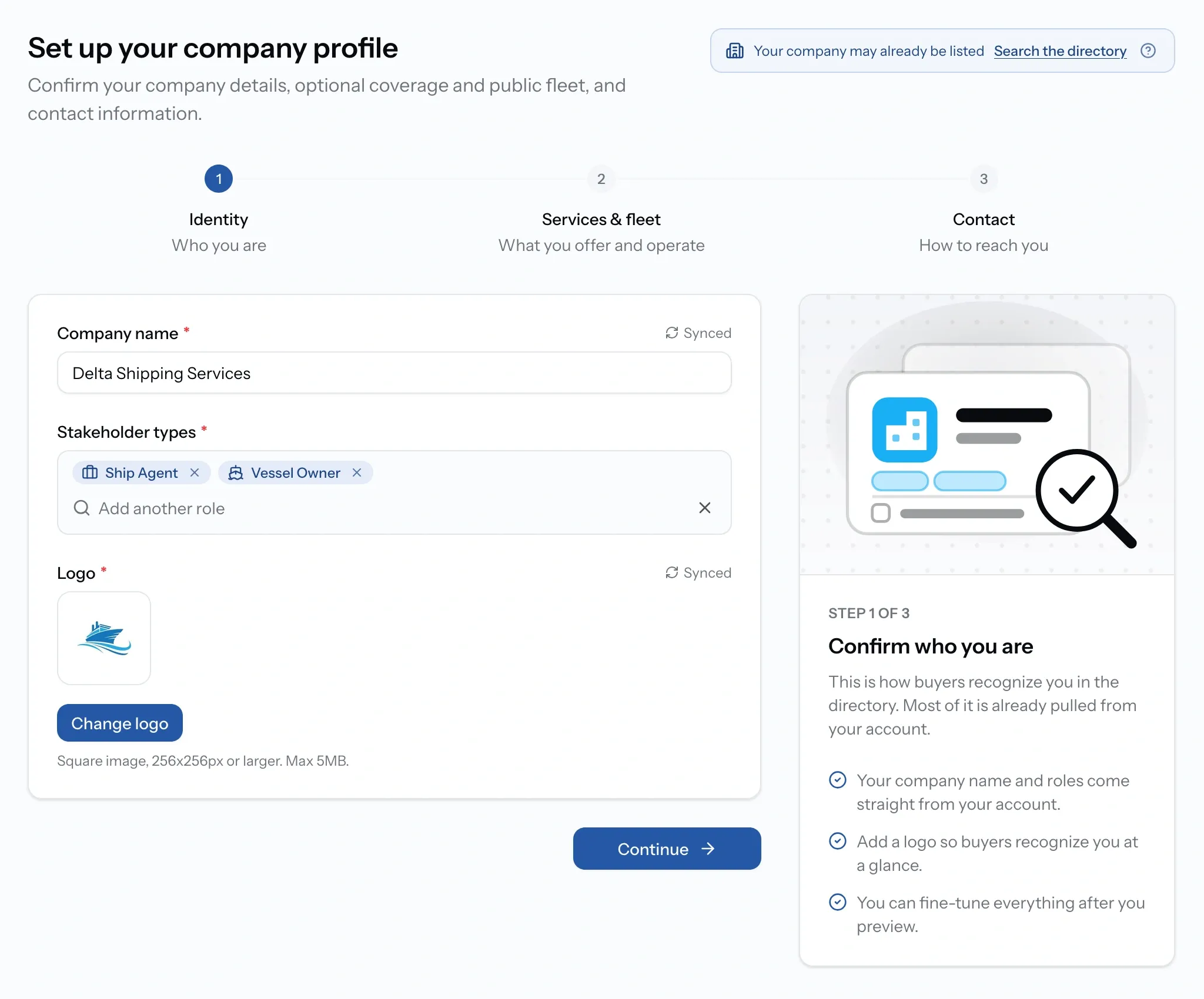 Step one of company profile setup showing company name, stakeholder types and logo upload