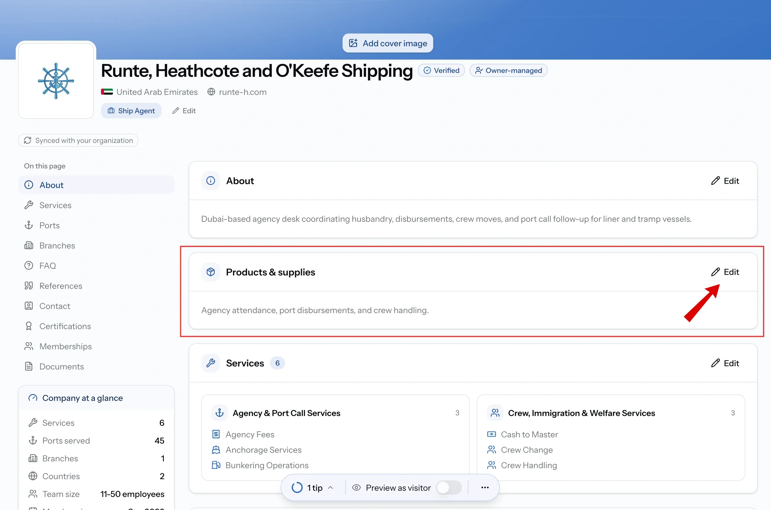 Products and supplies section of a company profile listing the goods the company deals in
