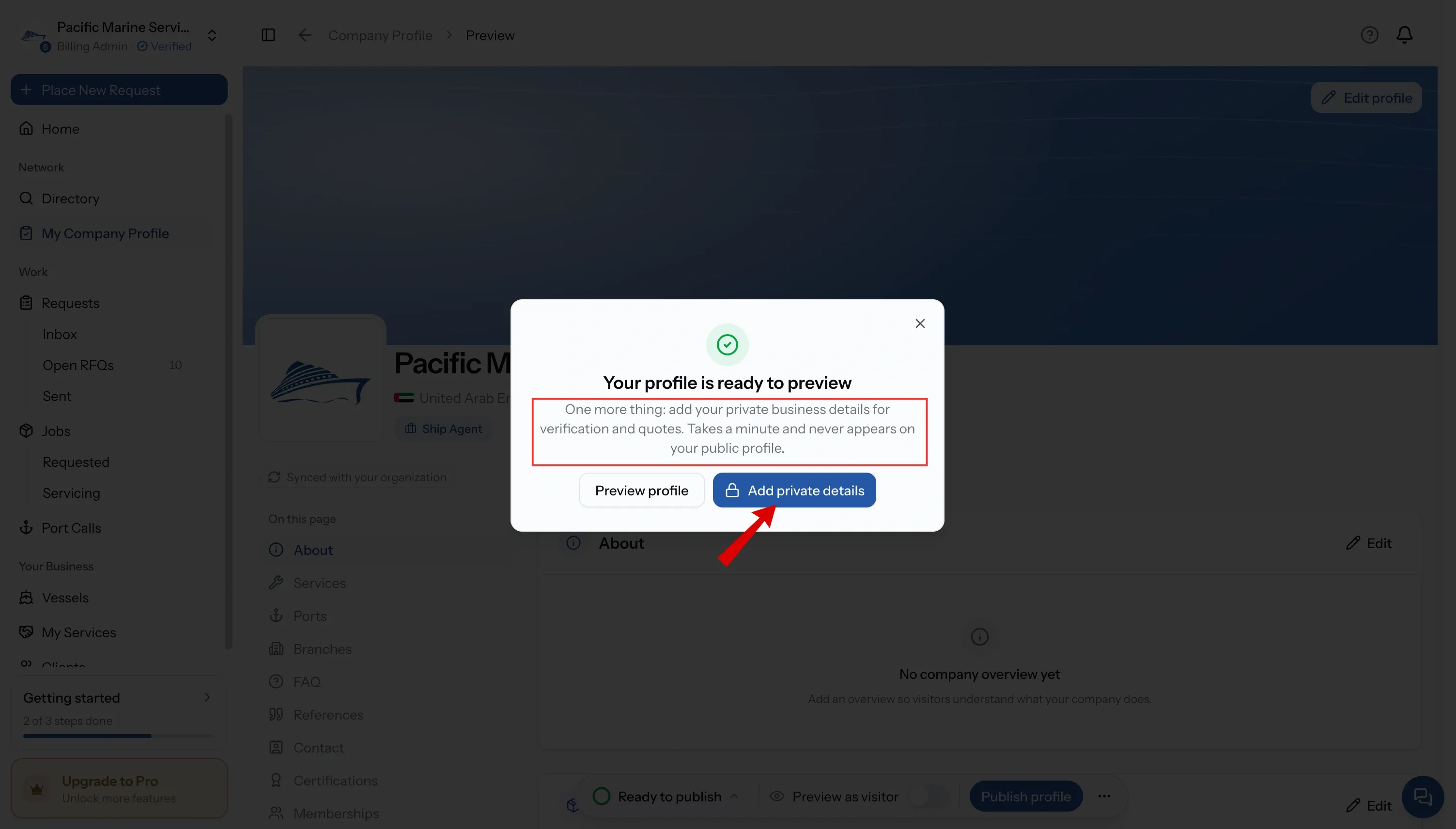 Business details section with the company registration field, shown after setup with the profile ready to preview