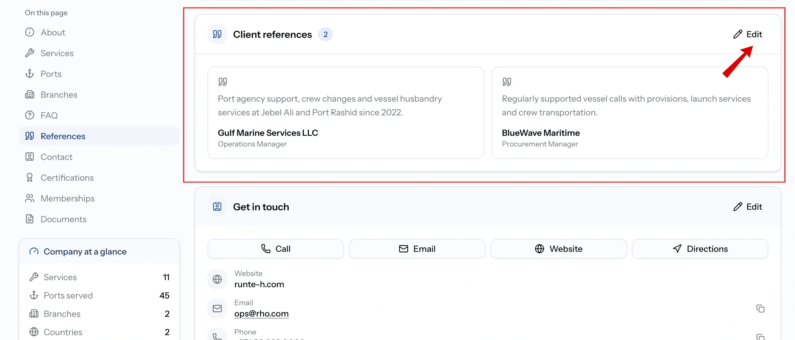 References section showing a contact name, role, company and a description of the work done