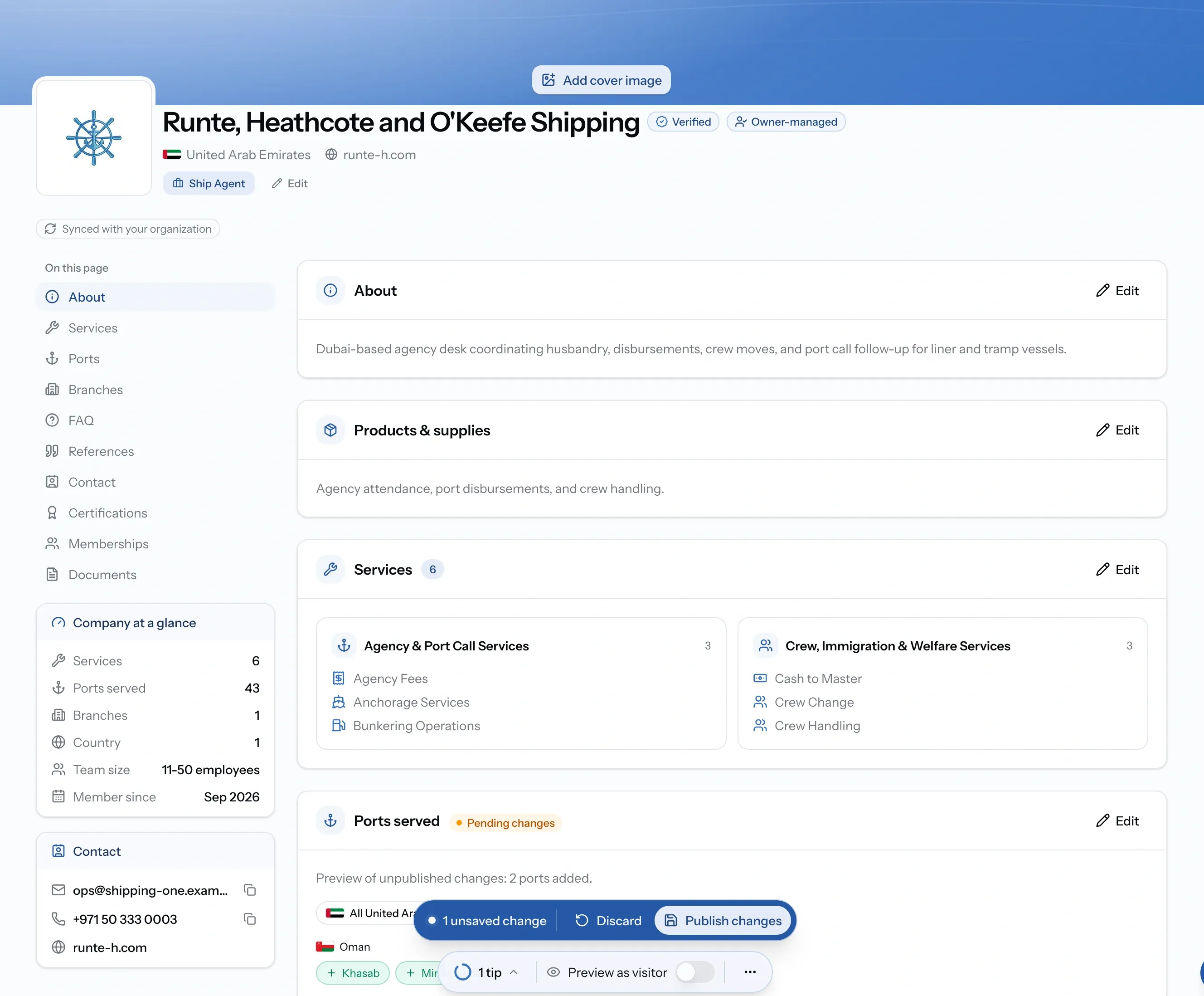 A company's own profile page with the section navigation down the side and edit controls on each section