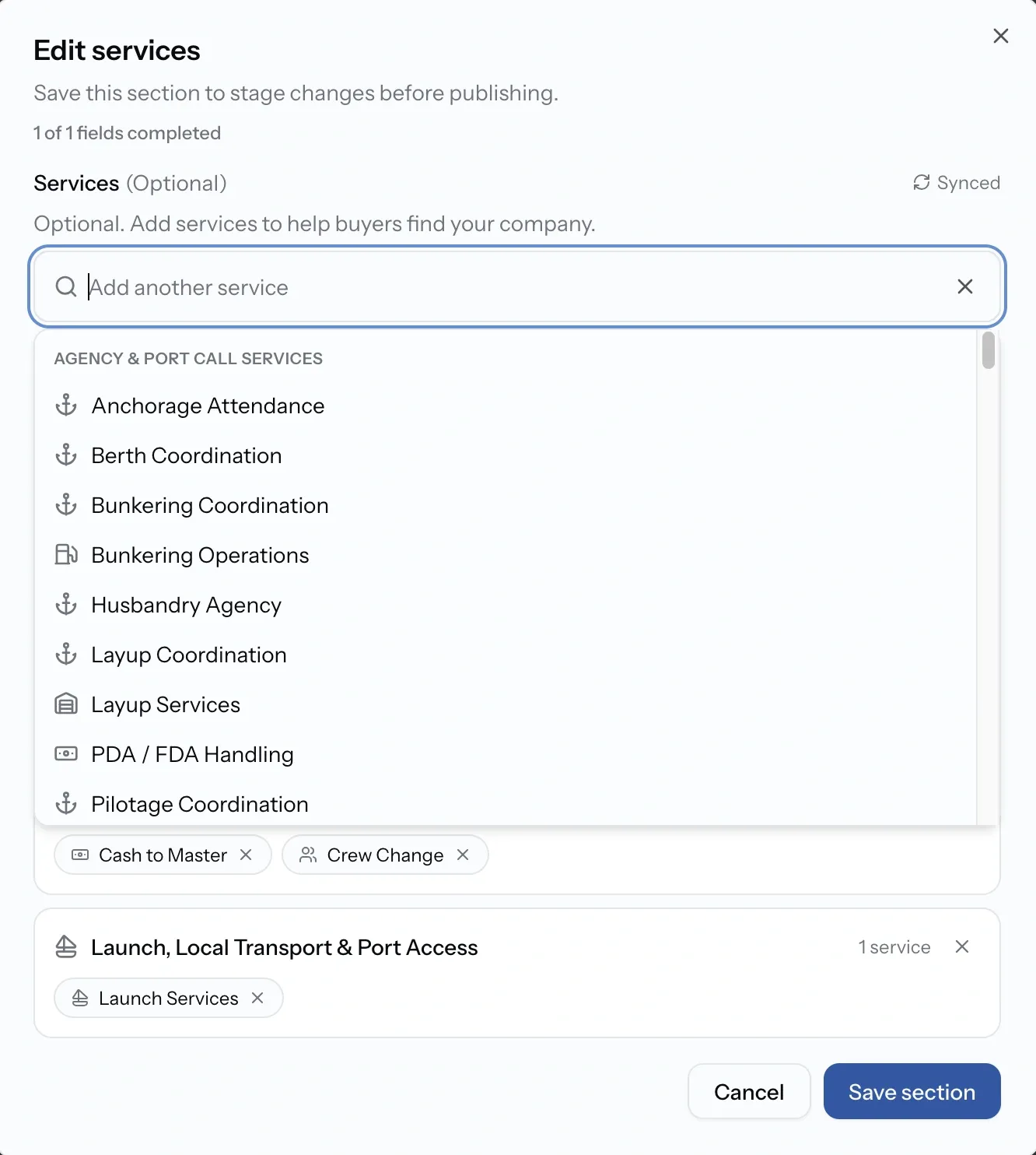 Editing the Services card on a company profile, with services grouped by category and several selected