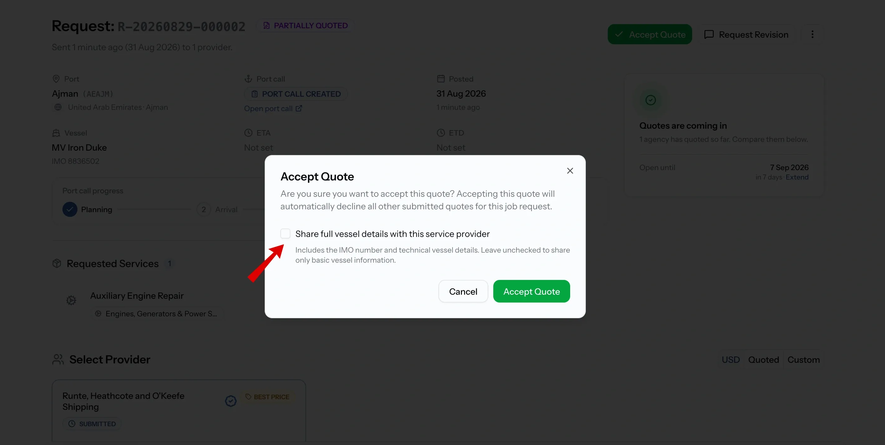 PortzApp Accept Quote dialog with an unchecked option to share full vessel details with the service provider