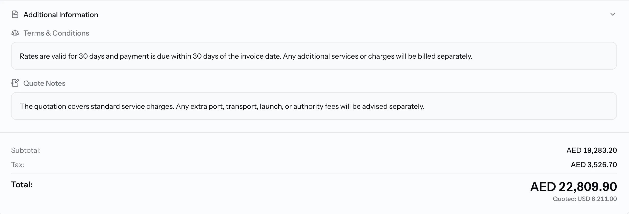 The bottom of the quote card, below the last service, showing the Additional Information section with Terms & Conditions and Quote Notes.