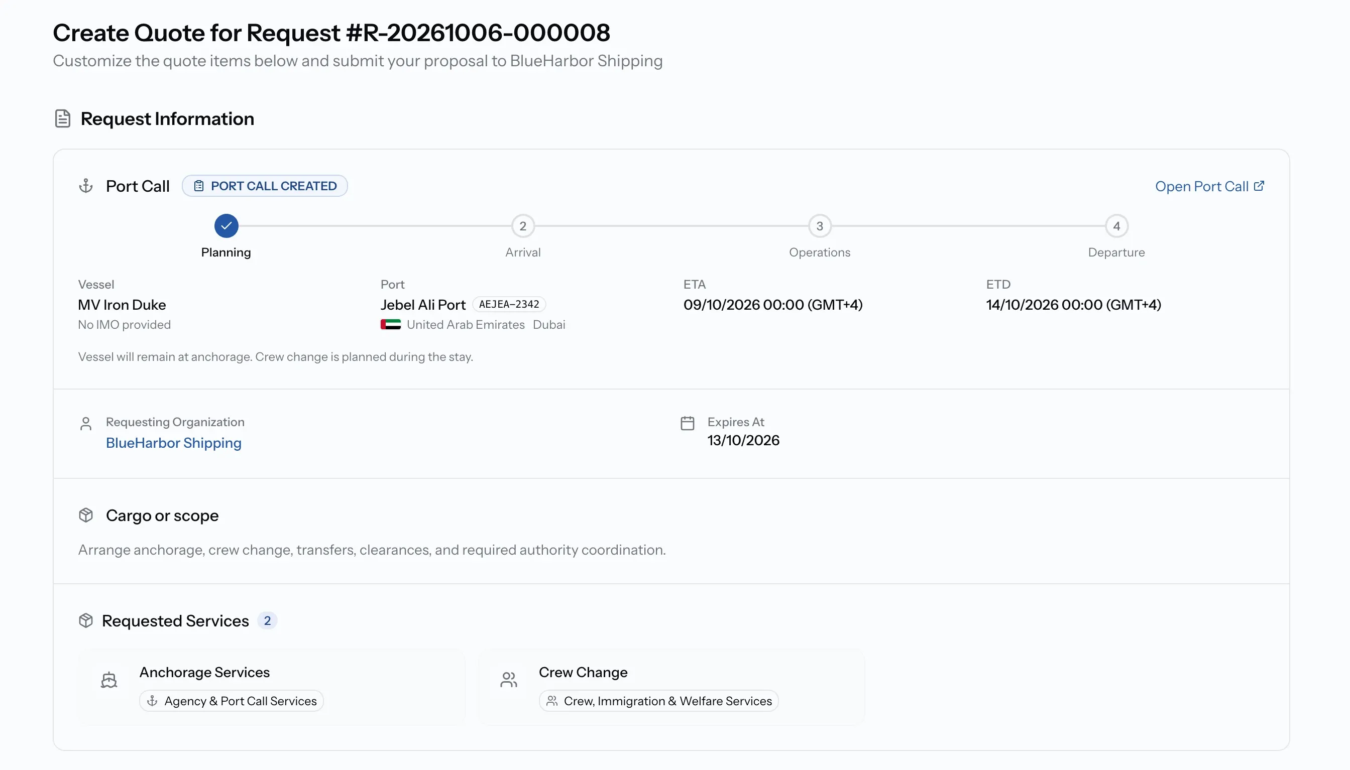 Create Quote page with Request Information