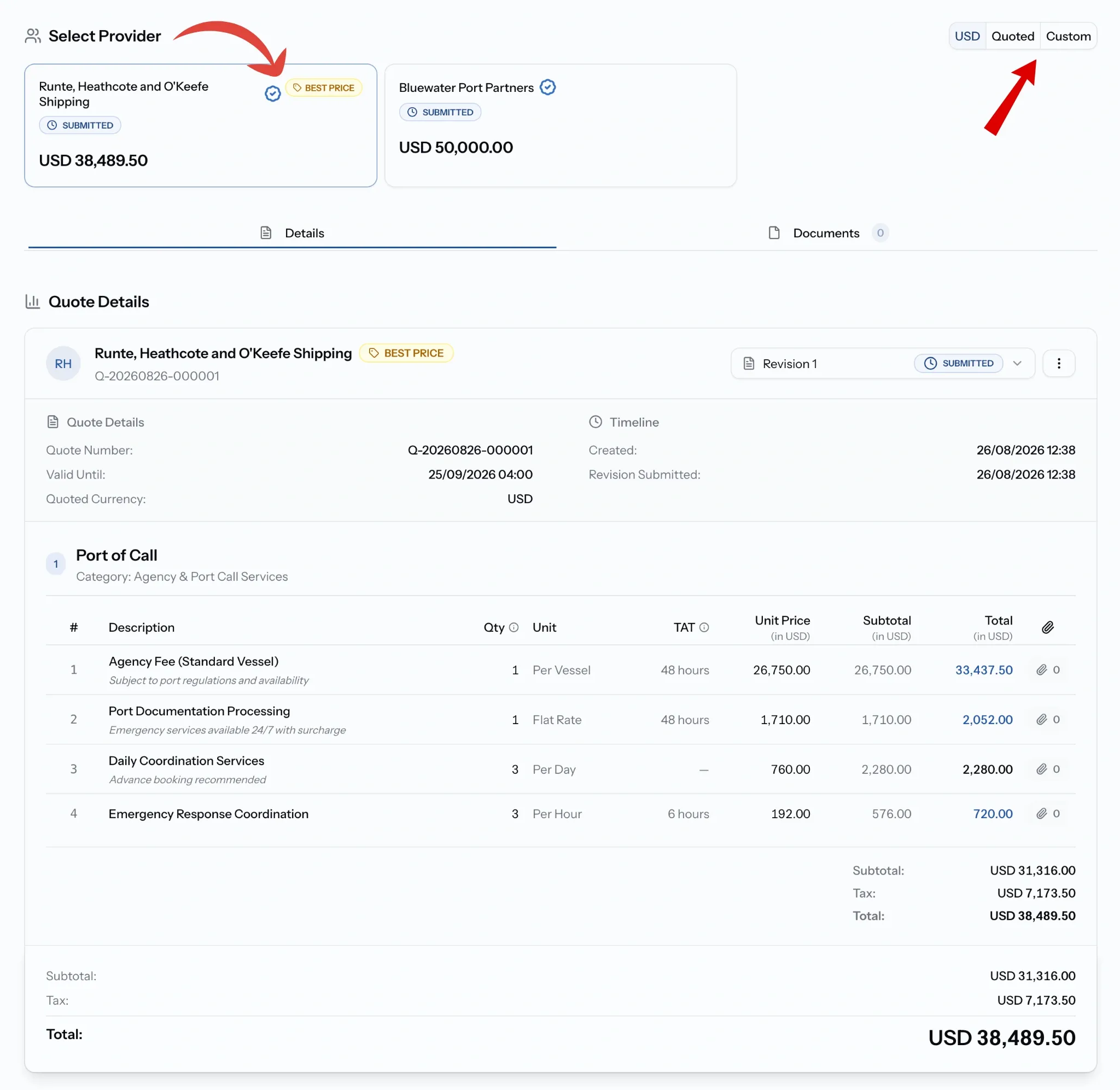 PortzApp Select Provider view showing two submitted quotes with totals, a best price badge, and a currency toggle