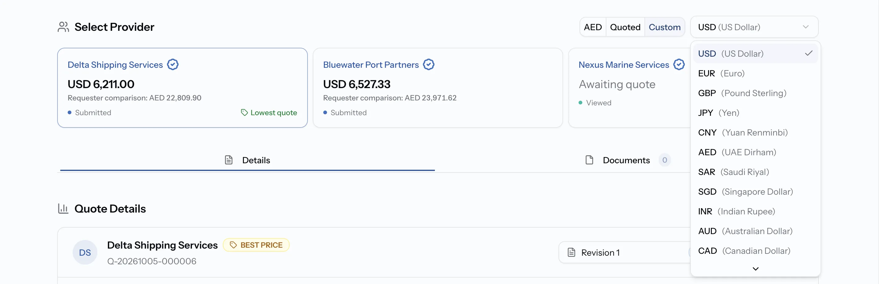 The currency toggle with Custom selected and the currency picker open beside it, and provider cards showing converted totals.