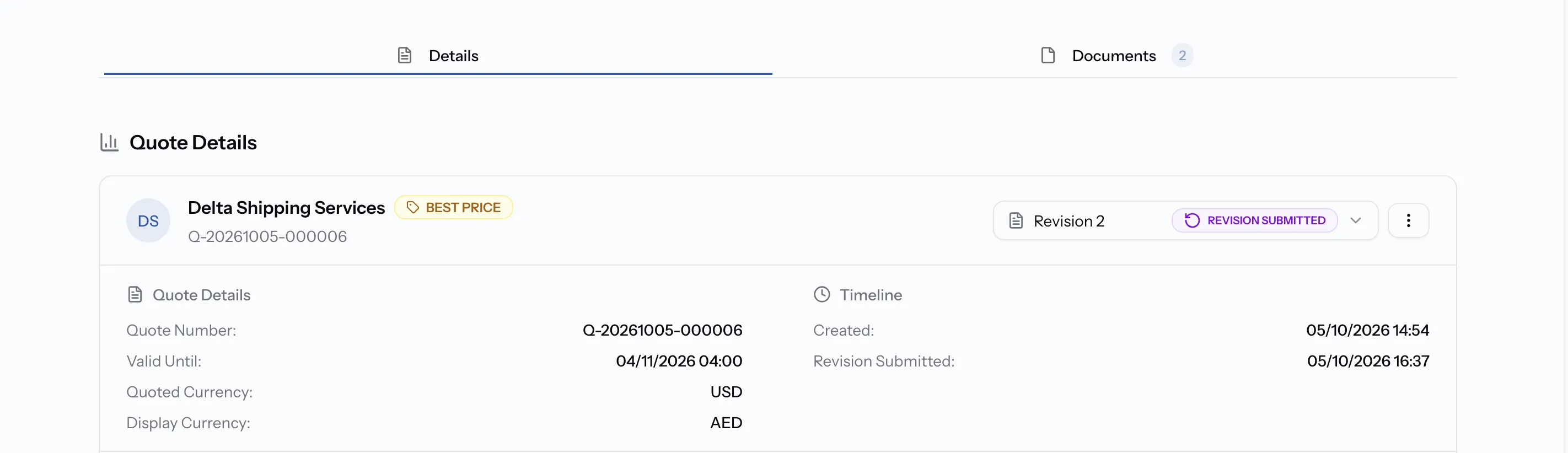 The top of the quote details with the provider name and Best Price badge, the revision picker, and the Quote Details.
