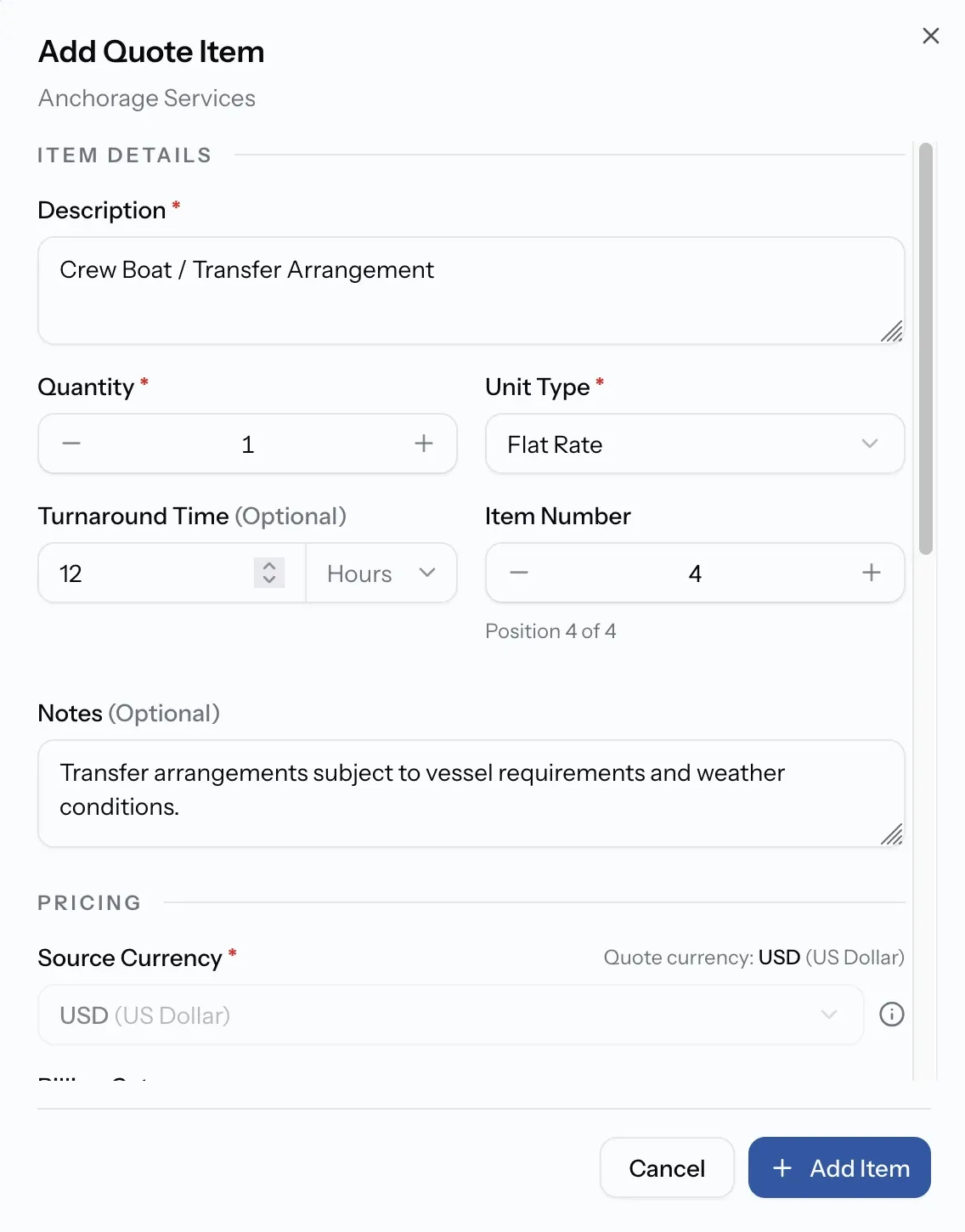 The Add Quote Item dialog with Item Details filled in