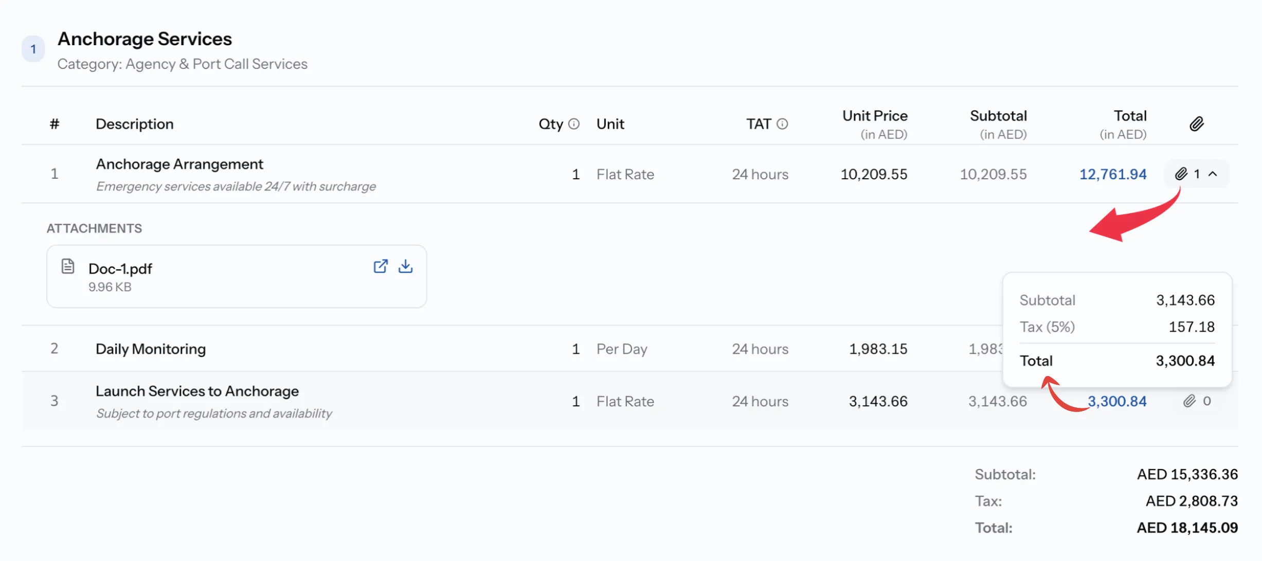 One service expanded with 3 line items, the tax hover open on one total, and one line's attachments expanded underneath.