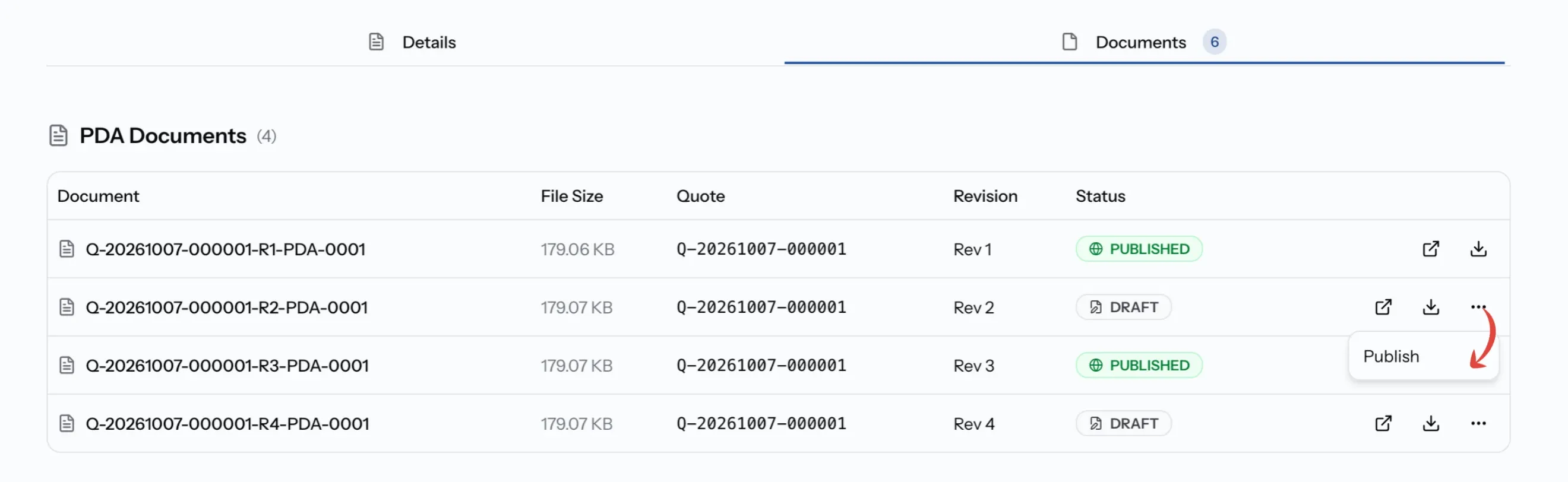PDA Documents list with Publish option