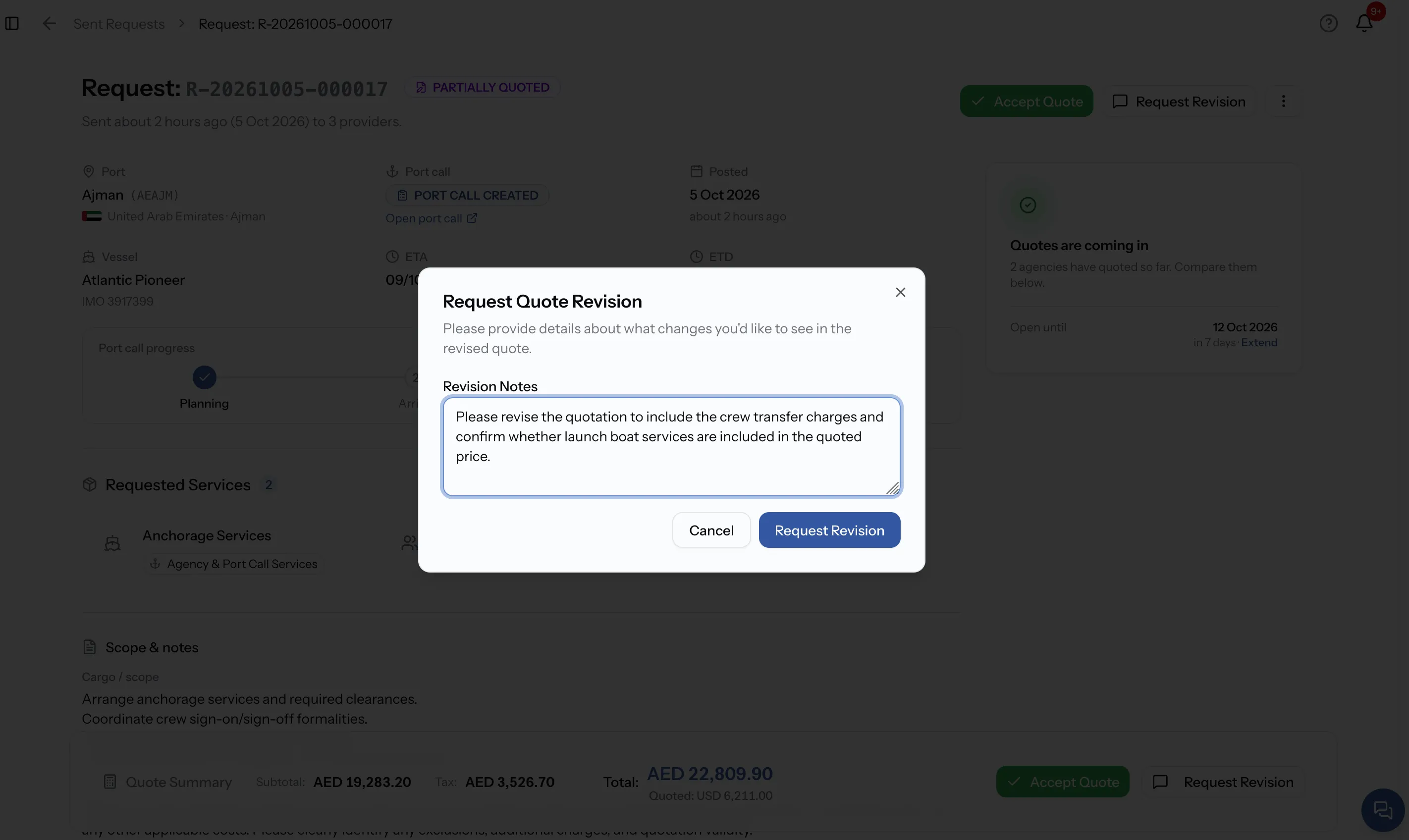 The Request Quote Revision dialog with revision notes typed in, asking to add a line and correct a quantity.