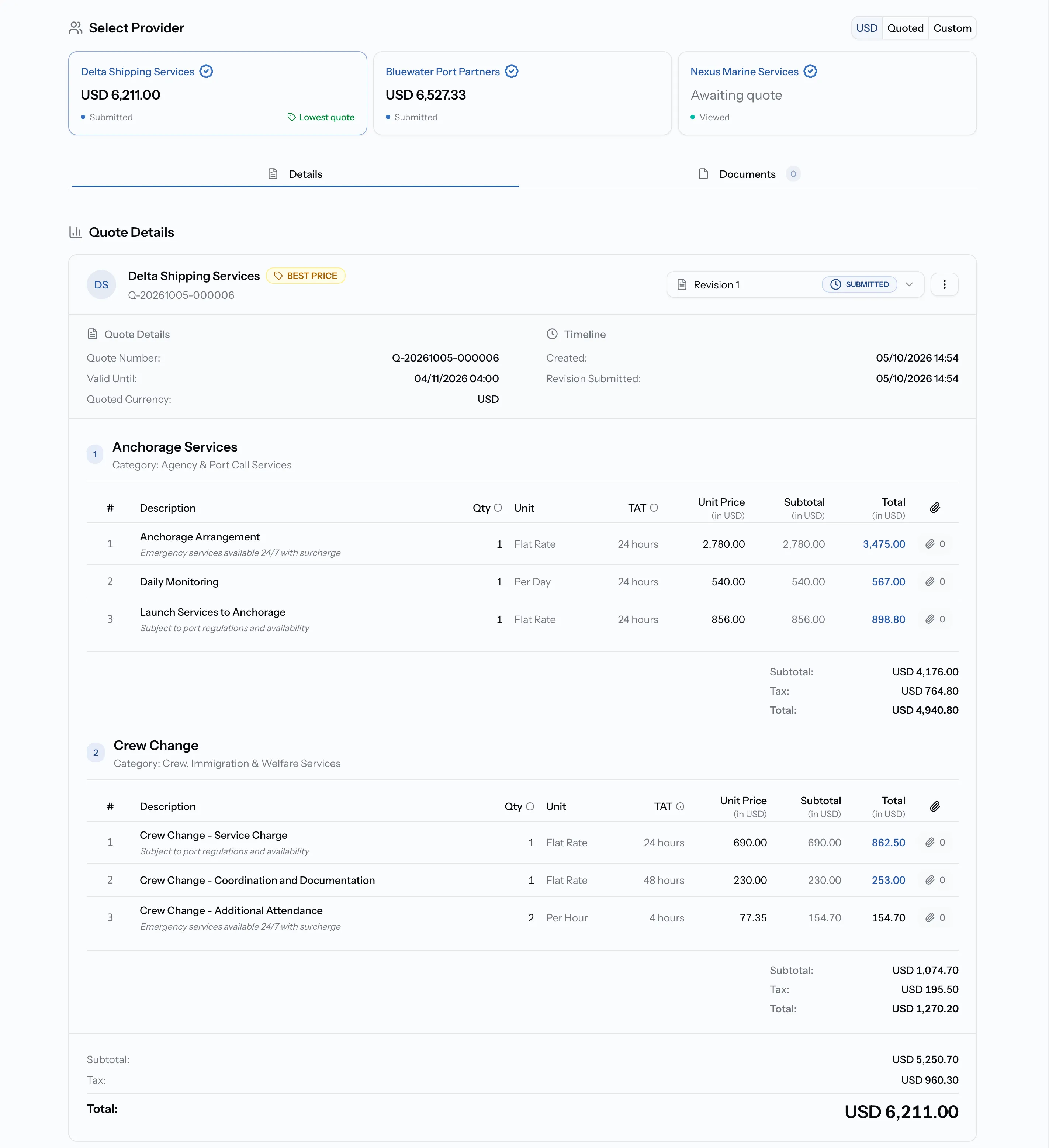 The Select Provider section with three quoted providers, one tagged Lowest quote and selected, and the currency toggle visible at the top right.
