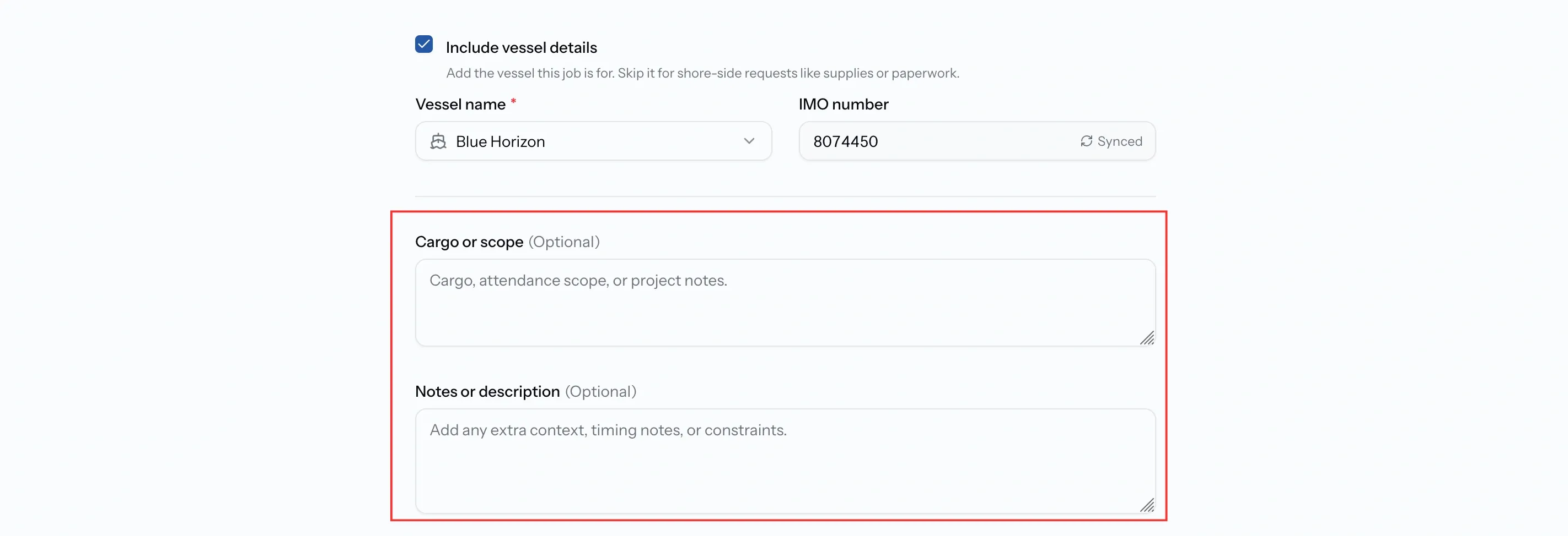 The Cargo or scope and Notes or description fields on step 2