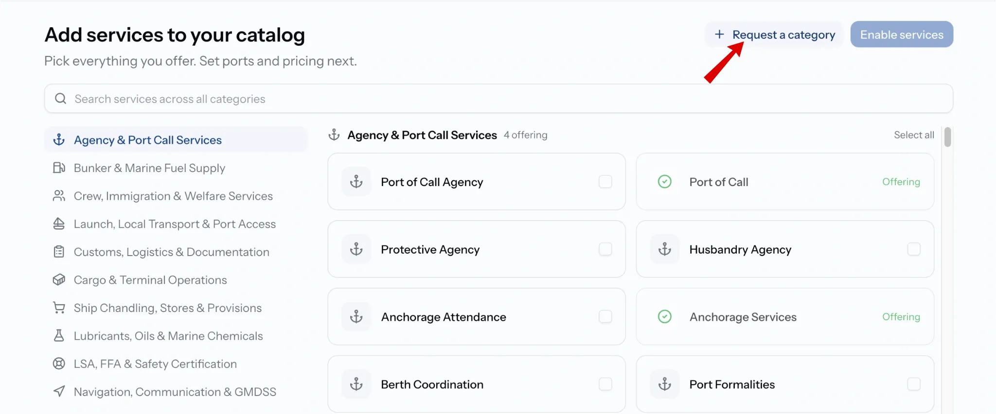  PortzApp add services screen with Request a category highlighted, showing service categories down the side and the services already being offered