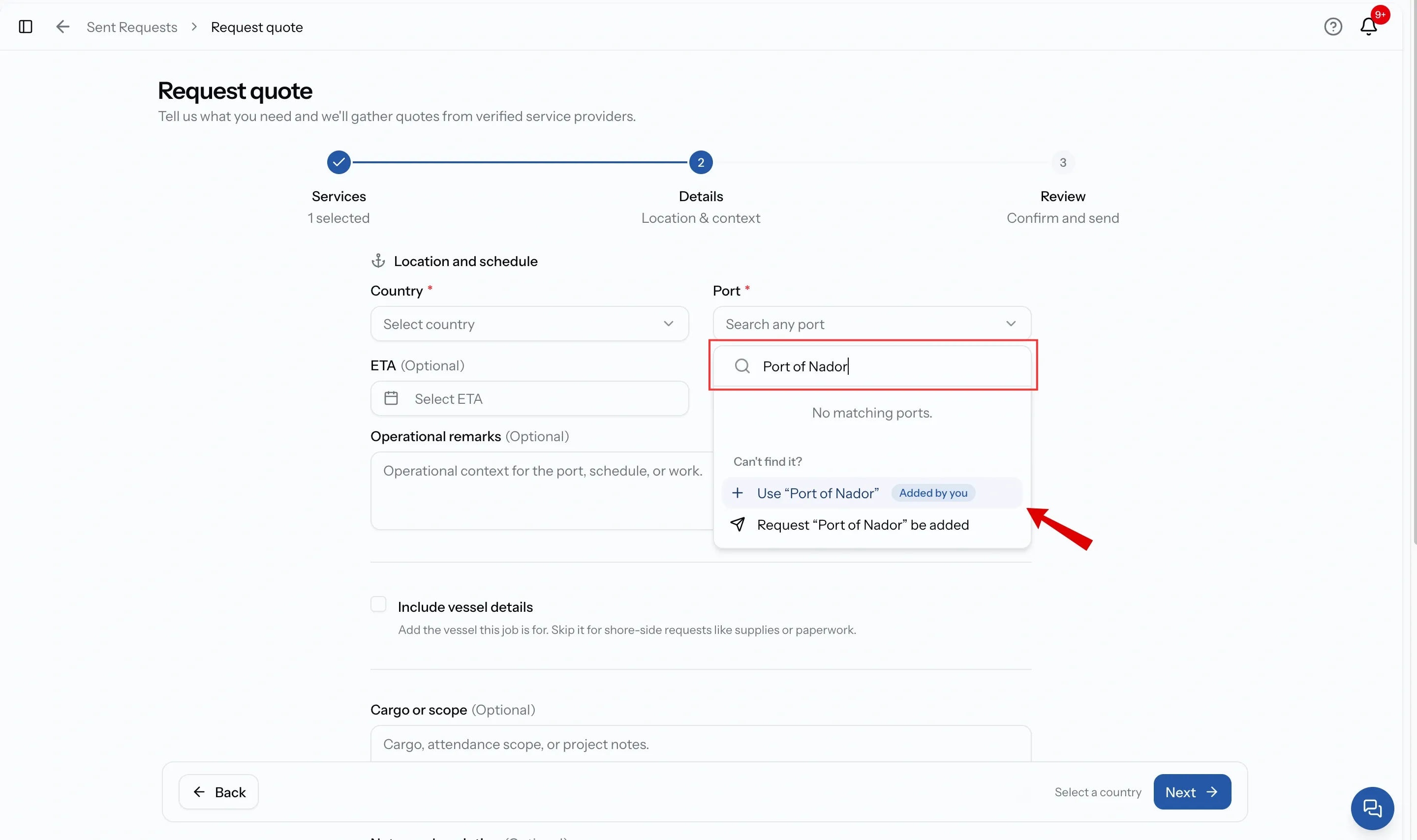 The port field on step 2 with a port name typed in that does not appear in the search results