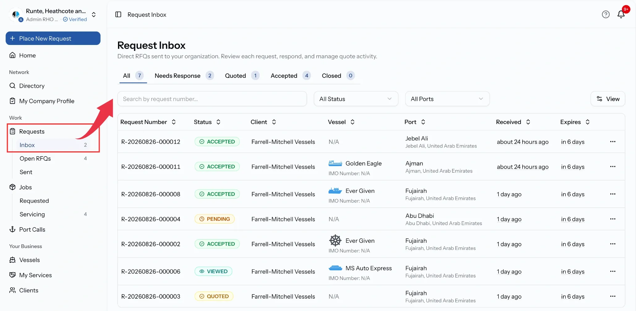  PortzApp request inbox showing tabs for all, needs response, quoted, accepted and closed, with a list of incoming requests
