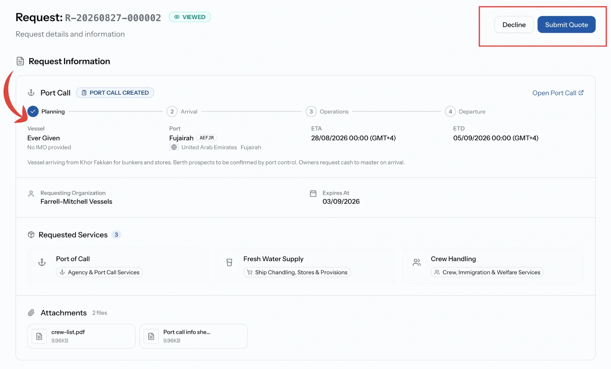 PortzApp request inquiry showing request information, attachments, and the actions to create a quote or decline