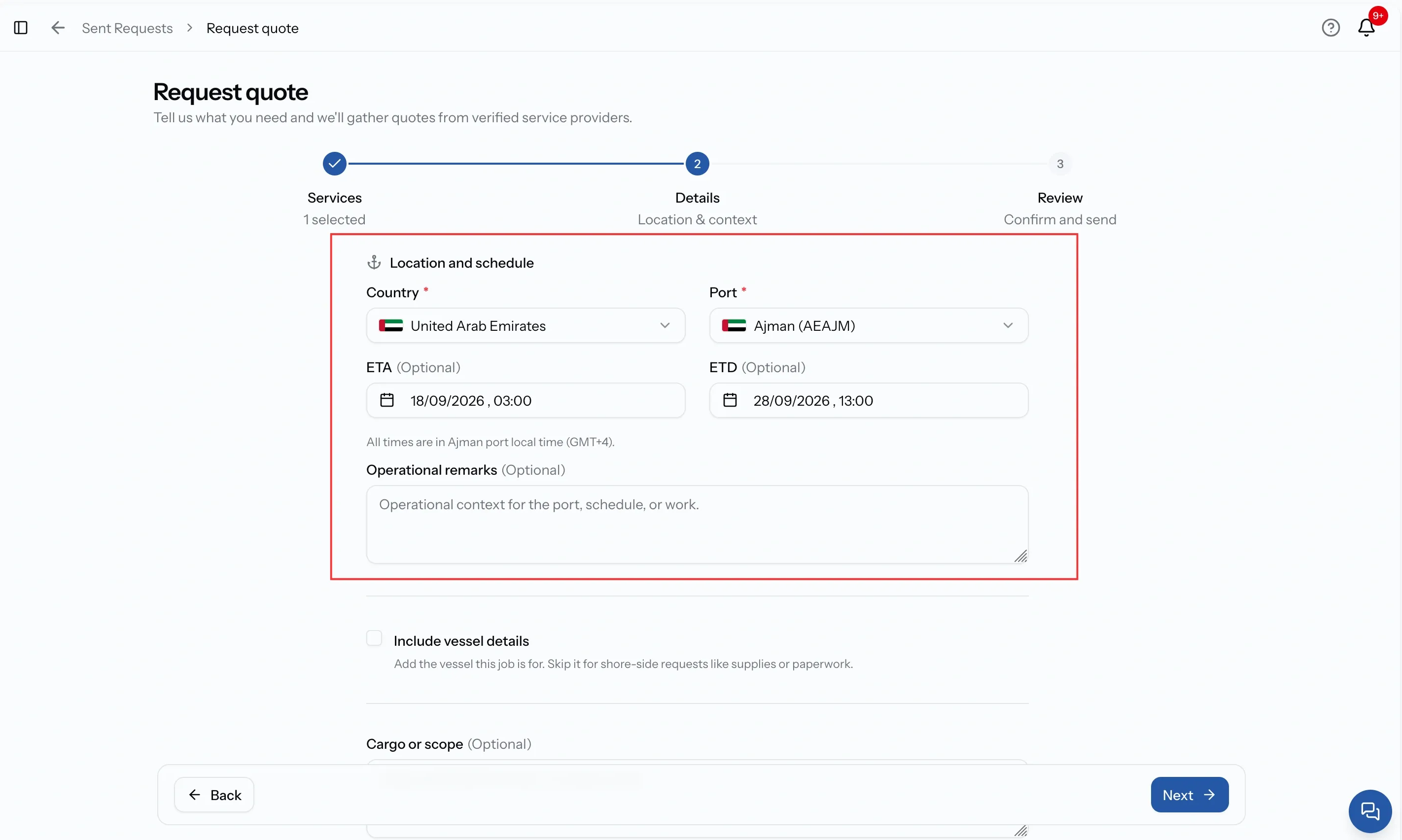 The Location and schedule group on step 2 showing Country, Port, ETA, ETD and Operational remarks