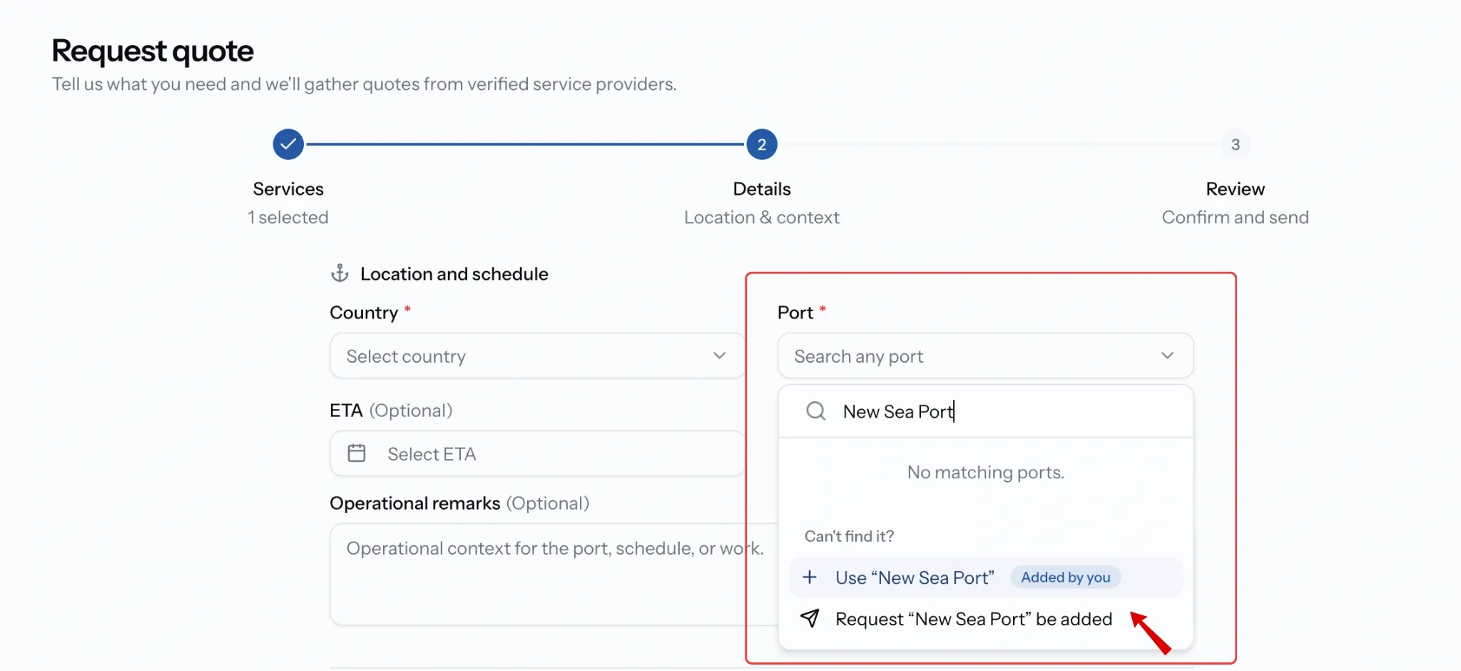 PortzApp request form port field showing no matching ports, with options to use the typed name or request it be added