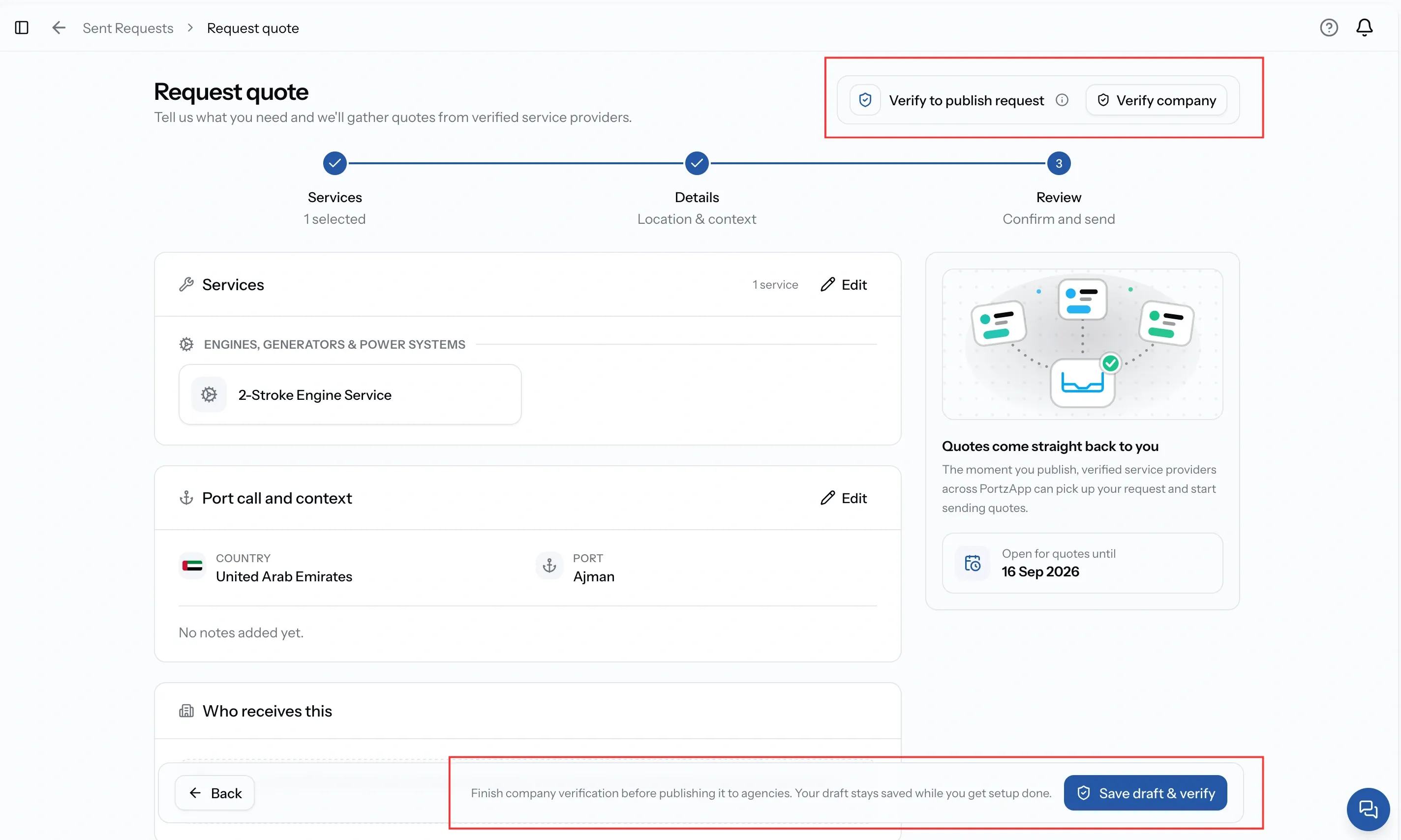 The end of step 3 showing the Verify to publish request banner with the Save draft and verify button in place of Publish request