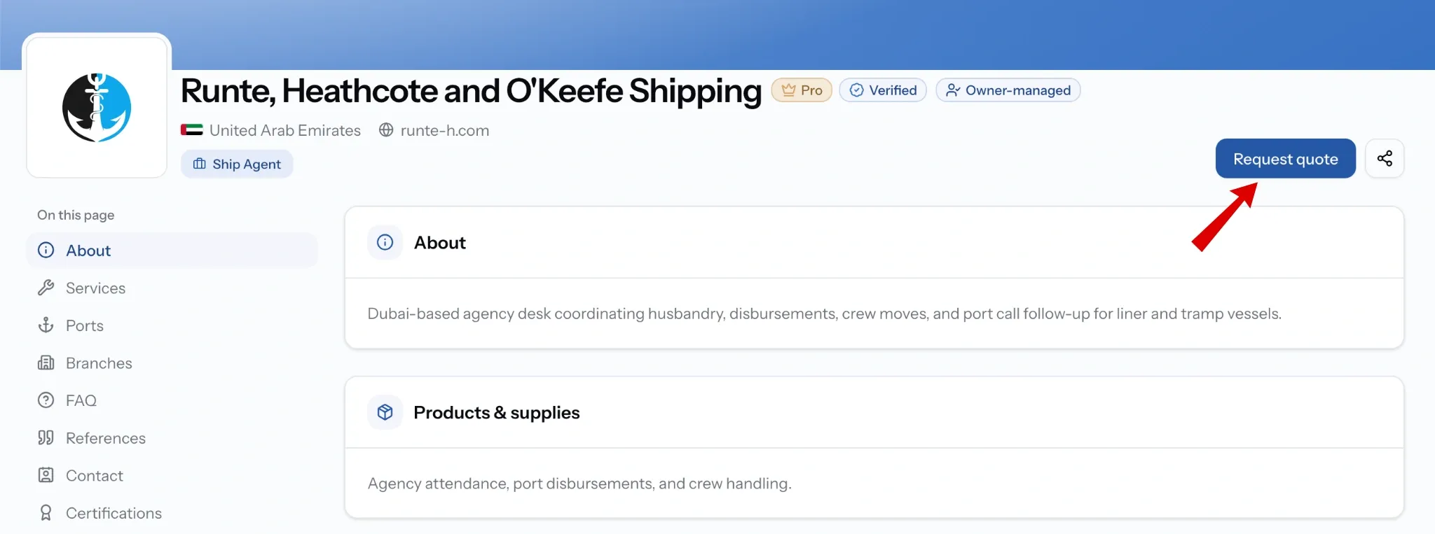 PortzApp company profile header with the Request quote button beside the company name and badges