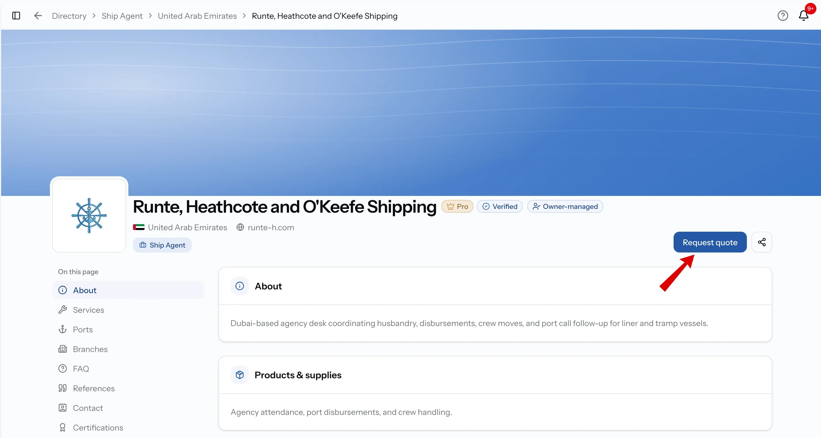 Company page header in the Directory with the Request quote button highlighted beside the company name and its badges