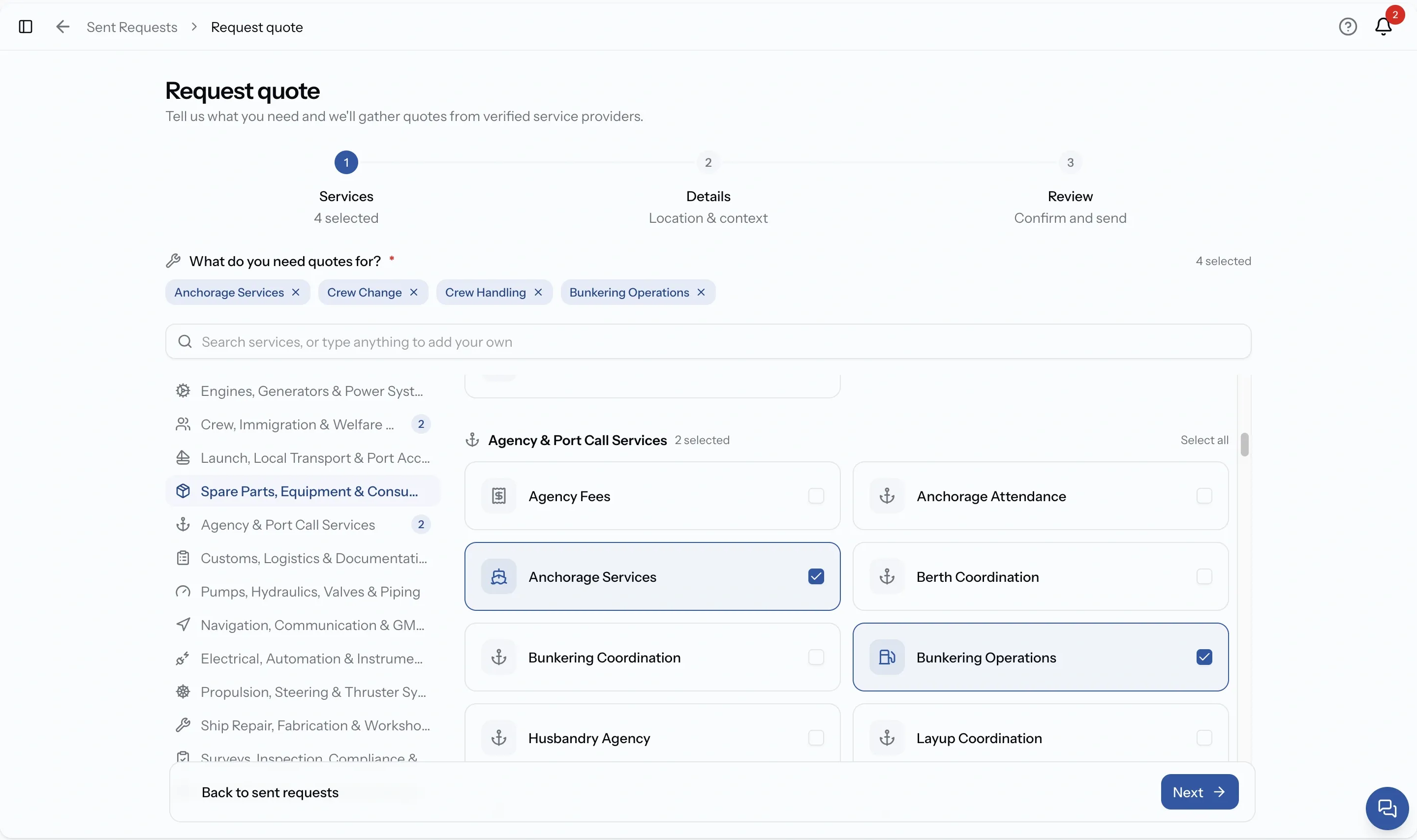 Step 1 of the request form showing the service picker with several services selected and collecting in a list