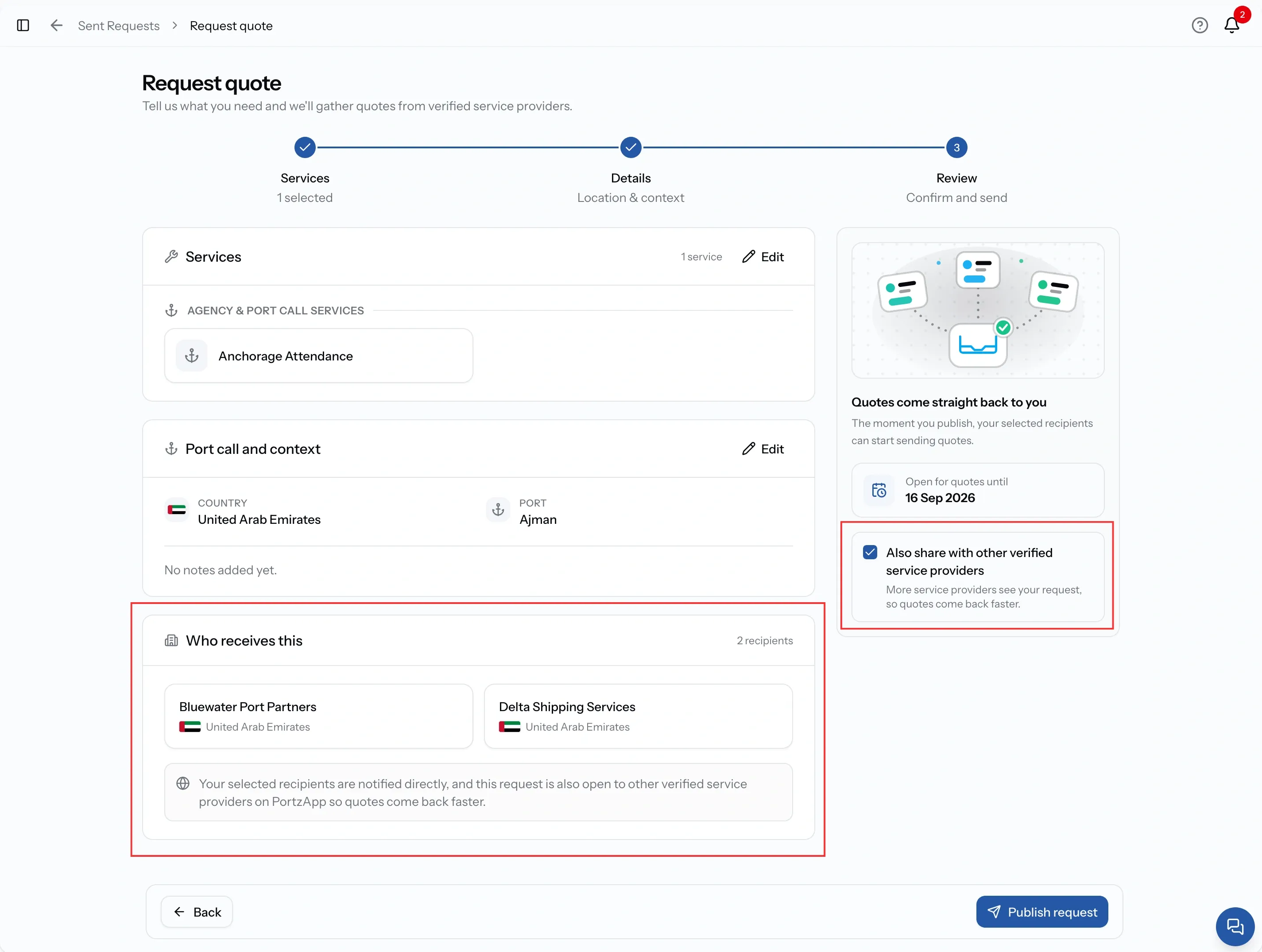 Step 3 with two recipient companies listed and the Also share with other verified service providers checkbox beneath them, ticked
