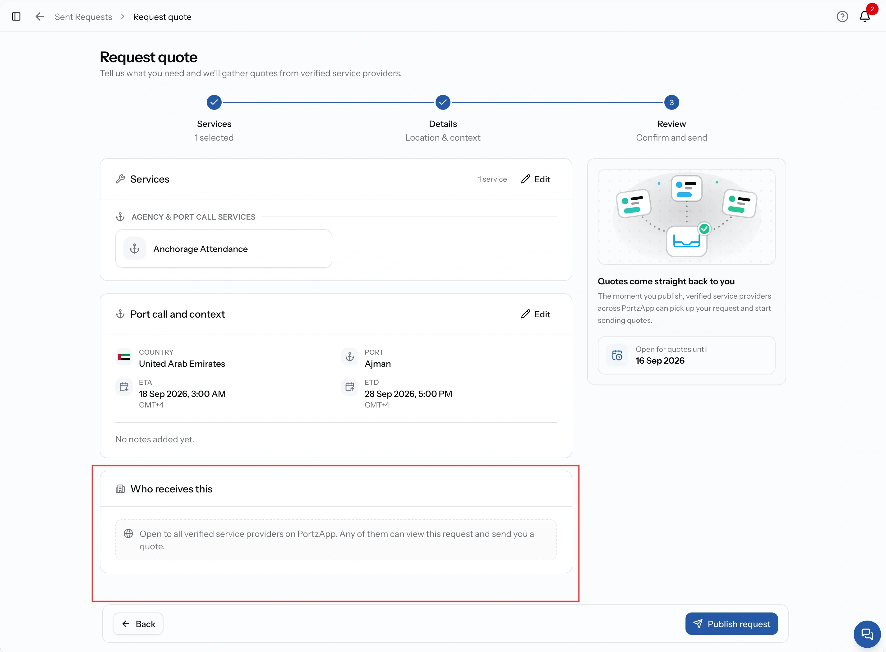 Step 3 with no recipient companies listed and no sharing checkbox, showing the request as open to the market